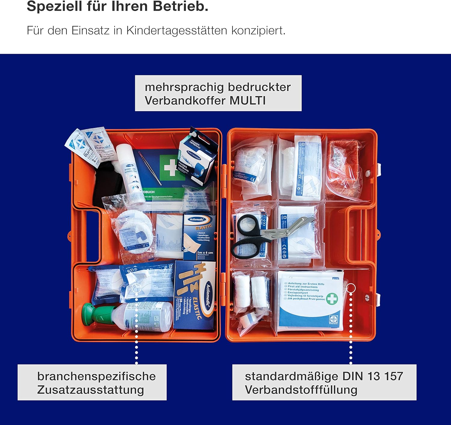 ACTIOMEDIC Erste-Hilfe-Kasten Kindergarten DIN 13157:2021, Notfallkoffer mit Wandhalterung, mehrsprachige Beschriftung, Orange, 34 x 12 x 24 cm – Bild 3