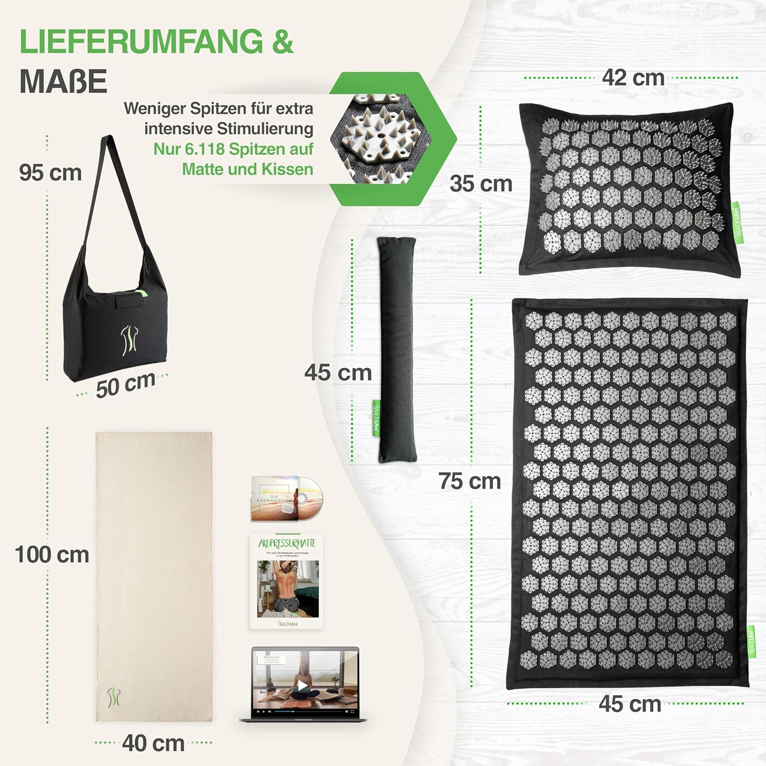 BACKLAXX Akupressurmatte mit Kissen für Fortgeschrittene (extreme Stimulation) | Akupunkturmatte mit Spikes zur Massage mit Tuch & Tasche | Akupressurmatte für Nacken, Schulter und Rücken – Bild 5