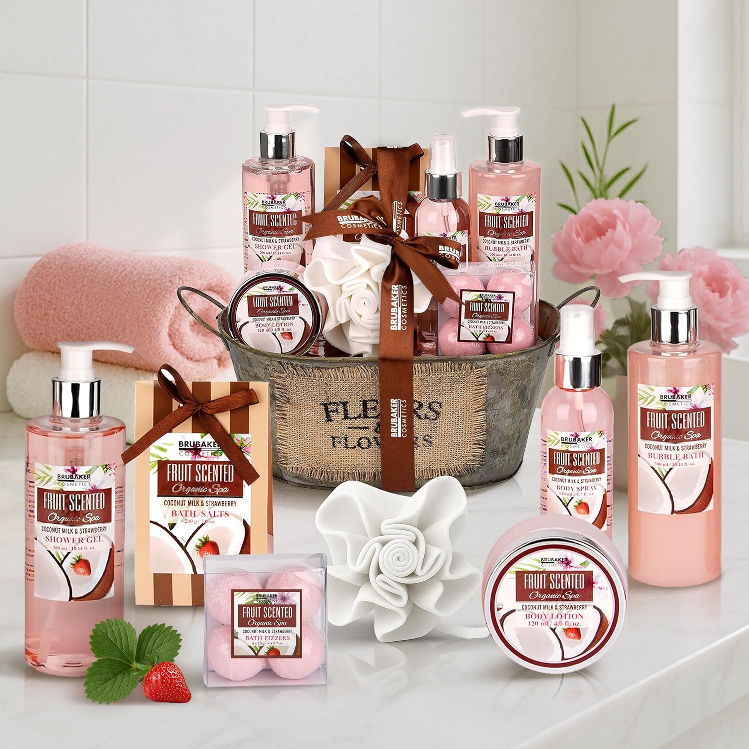 Brubaker Cosmetics Bade- und Duschset mit Kokosnuss- und Erdbeerduft, 10-teiliges Geschenkset in Vintage-Wanne – Bild 5