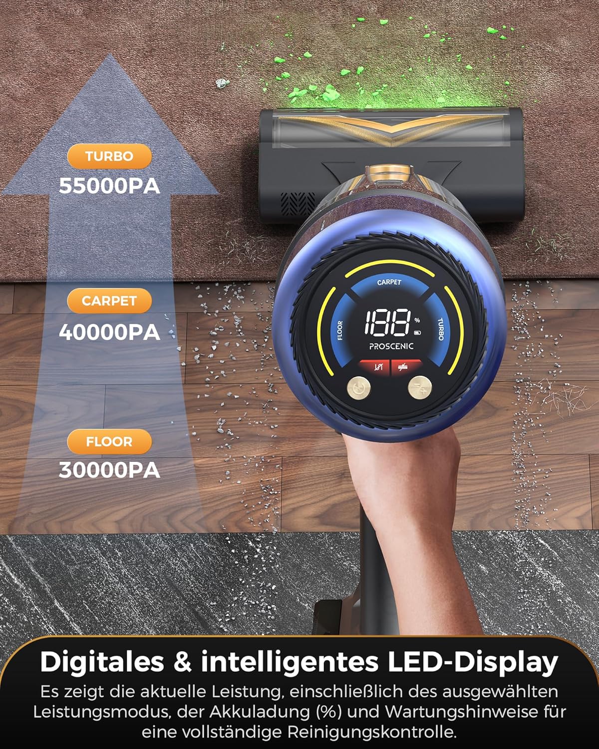 Proscenic P15+ Akku-Staubsauger, 70 Minuten, 55 KPa, 650 W, kabelloser, selbststehender Staubsauger mit Touchscreen, grünes Licht, Anti-Tangle-6-Lagen-Filter, Akku-Staubsauger für Teppiche, Tierhaare, Autos (Gelb, L) – Bild 9