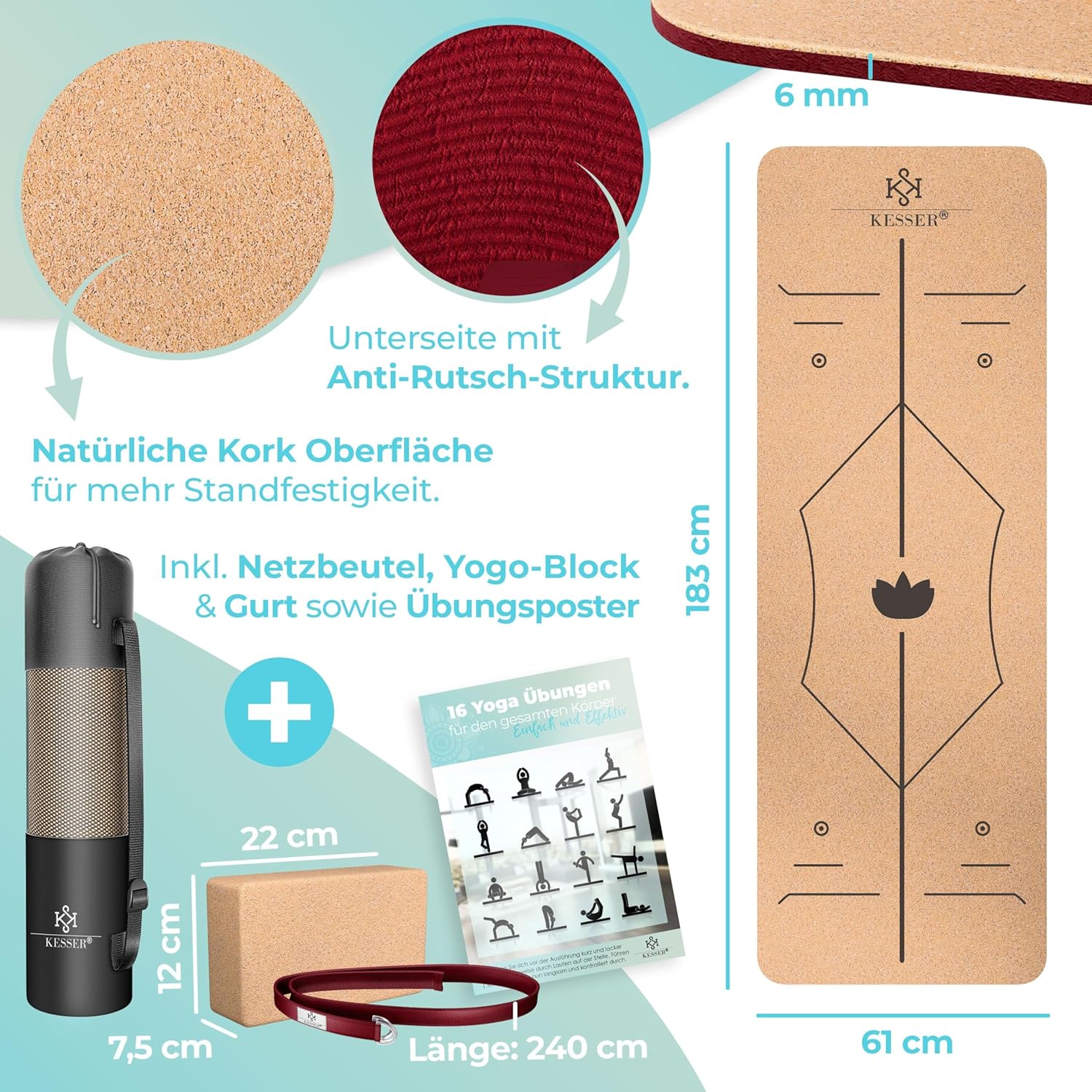 KESSER® Yogamatte aus Kork mit Tragegurttasche & Yogablock, Gymnastikmatte, Yogamatte, rutschfest, Naturkautschuk, TPE-Fitnessmatte, 183 x 62 cm, Trainingsmatte für Fitness, Sportmatte, Gymnastik, extra dick – Bild 7