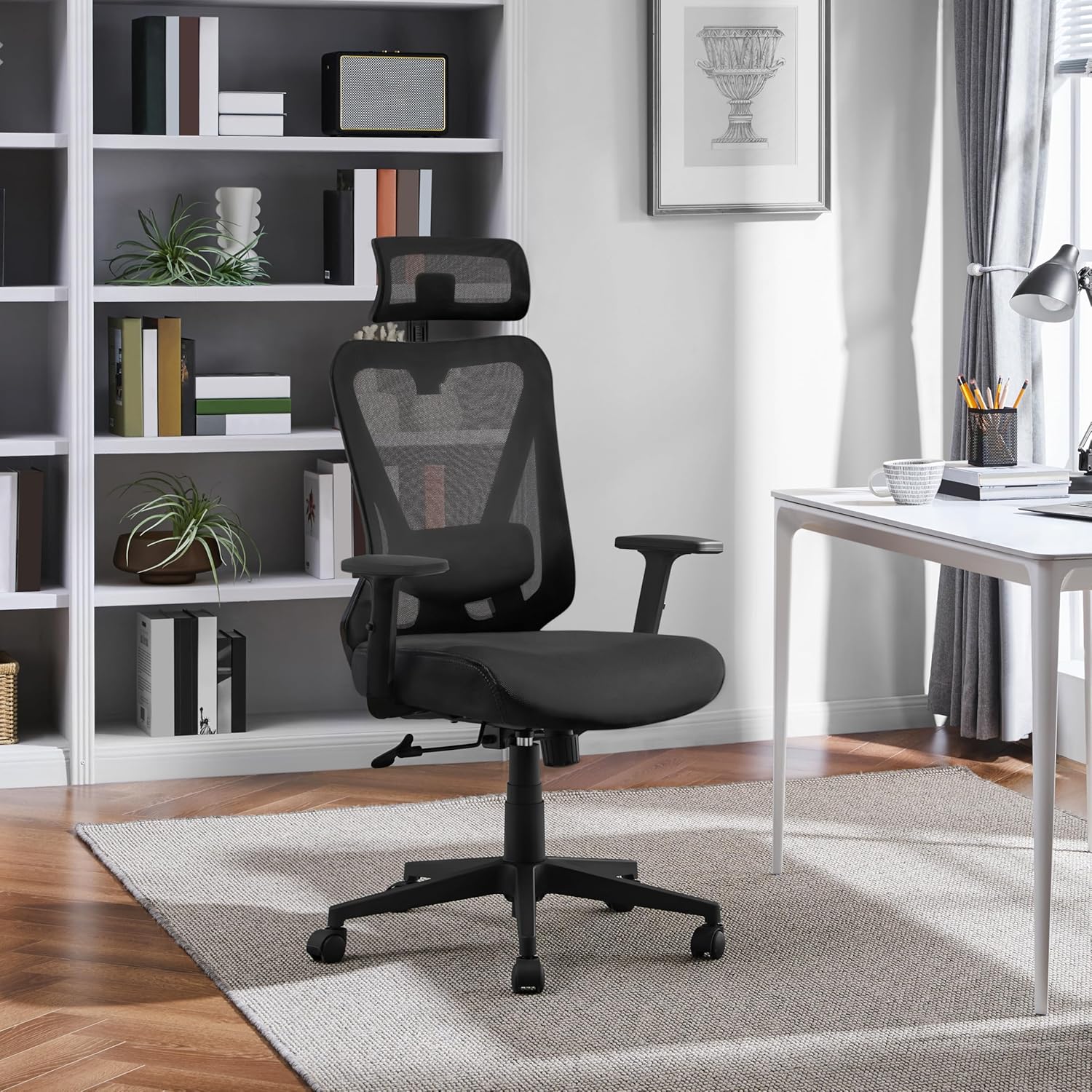 Yaheetech Bürostuhl, ergonomischer Schreibtischstuhl mit verstellbarer Kopfstütze und Lordosenstütze, atmungsaktiver Netzstuhl mit breiter Sitzfläche, S-förmige Rückenlehne, 360° drehbar, Schwarz – Bild 9