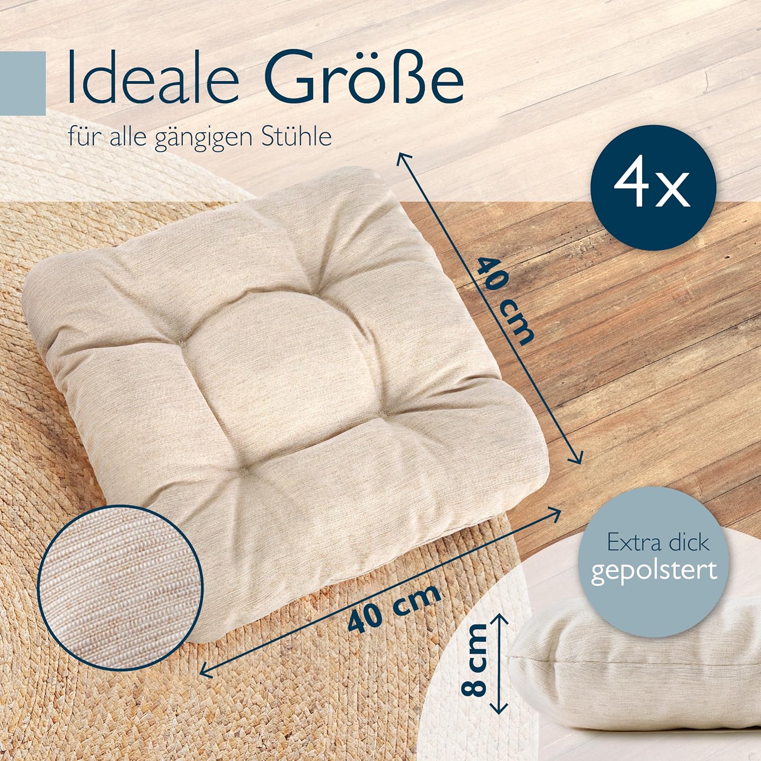 Beautissu 4er Set Premium Stuhlkissen 40 x 40 cm, natürliches, UV-beständiges & robustes Outdoor-Sitzkissen, 8 cm dickes Kissen für Balkonstühle, Gartenstuhl-Sitzkissen, Innenkissen – HighLux SK – Bild 3