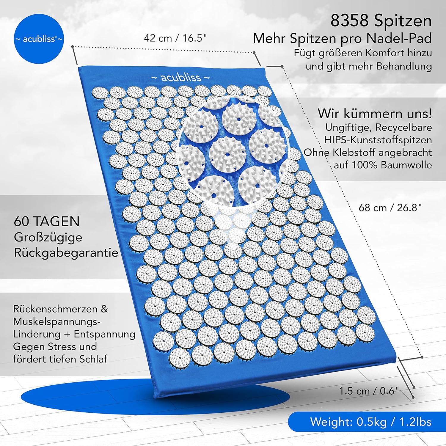 Akupressurmatte – Akupressurmatte mit 8.358 Noppen für mehr Energie, tiefen Schlaf, Entspannung – gegen Stress, Nackenschmerzen und Rückenschmerzen – mit Tasche – Größe 68 x 42 x 2 cm – Blau – Bild 3