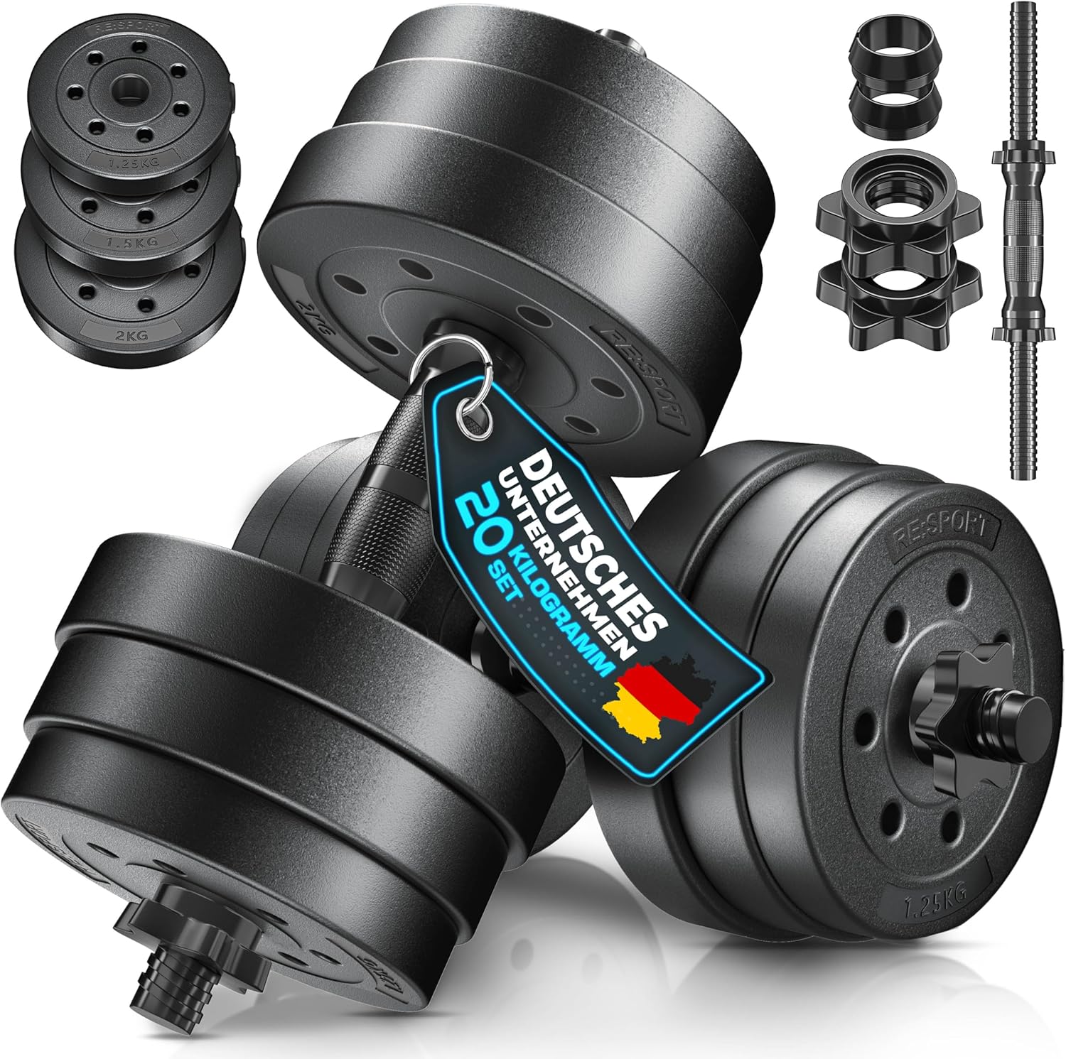 RE:SPORT 2er-Set verstellbare Kurzhanteln 15/20/30/40 kg | Hantelset mit 2 Hanteln | Hantel mit Gewichten und 4 Spinlock-Kragen | Fitness-Hantel für Muskelaufbau, Training und Zuhause