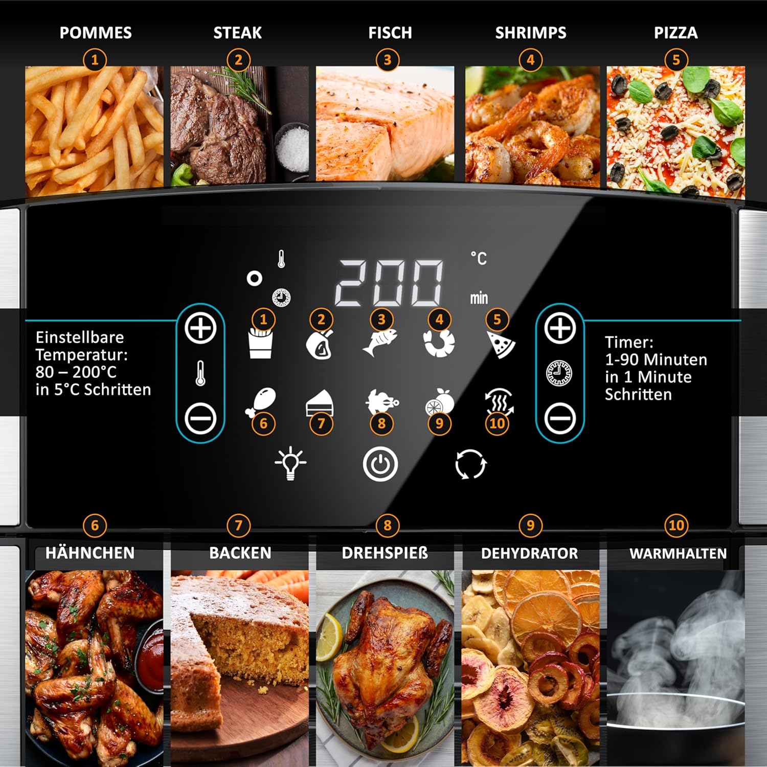 Arendo - XXL-Heißluftfritteuse 16 Liter - Grill - Dörrgerät - Ofen - Heißluftfritteuse - Touchscreen - Einfach & sauber - Fritteuse ohne Öl - Konvektion - Pizza-Hähnchen-Pommes - BPA-frei - Schwarz – Bild 4