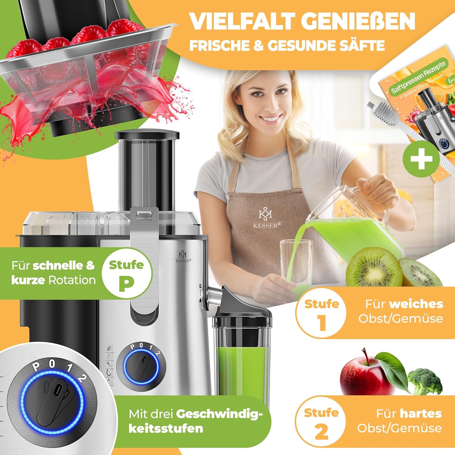 KESSER® Entsafter für Obst und Gemüse aus Edelstahl 1100W große 85 mm Einfüllöffnung inkl. Entsafter, Reinigungsbürste und Saftbehälter, 3 Geschwindigkeitsstufen – Bild 5