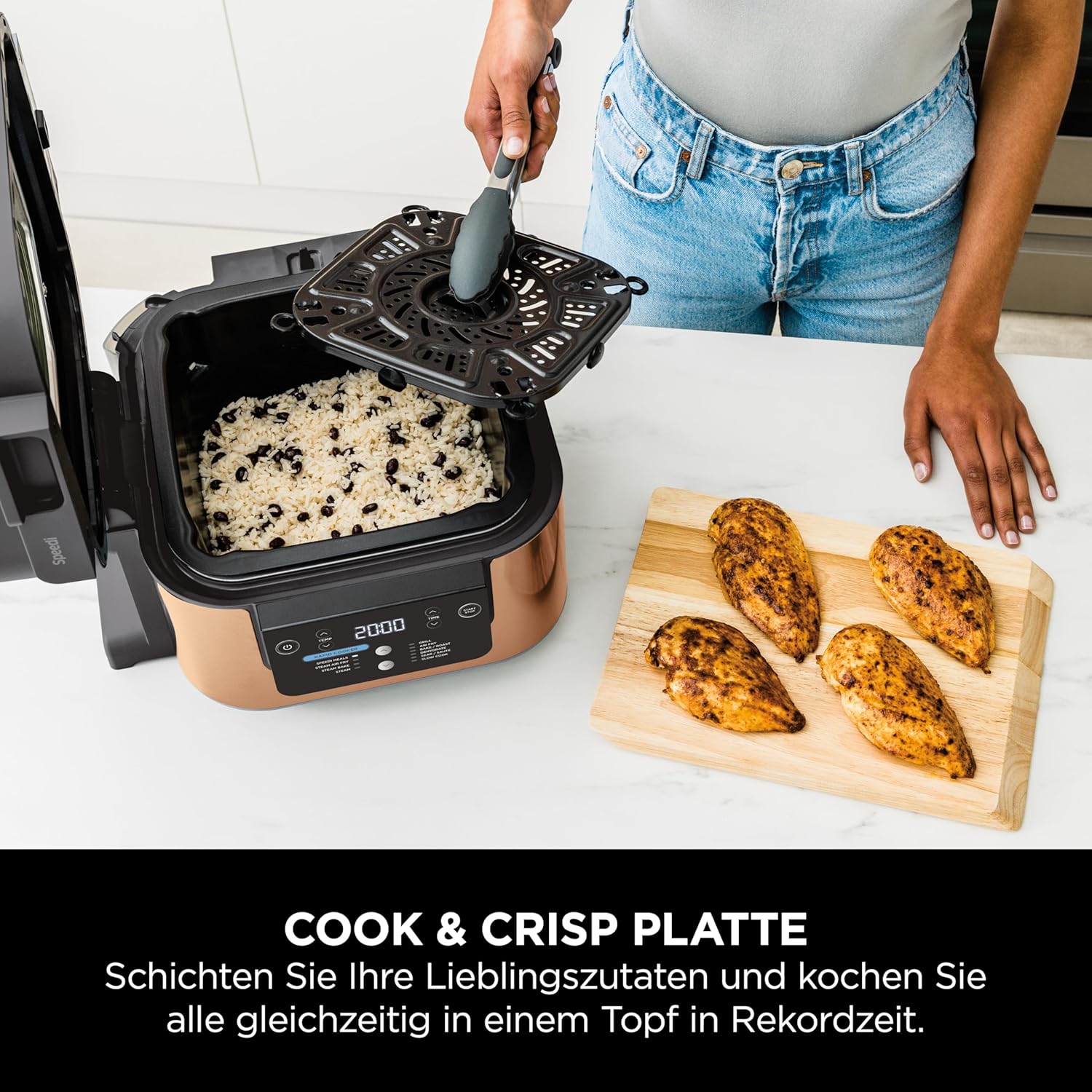 Ninja Speedi Multicooker, 5,7 l, 10-in-1-Multicooker, Airfryer-Heißluftfritteuse, Schongarer, langsames Kochen, Grillen, Backen, Schwarz und Kupfer ON400EUCP – Bild 12