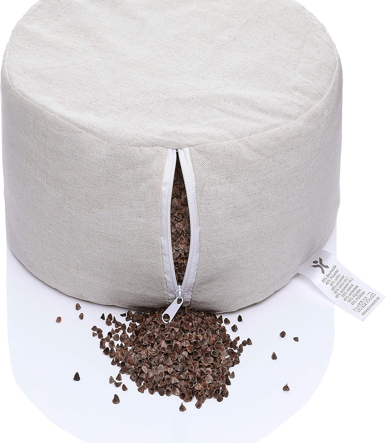 BODYMATE Extra-Hohes Yogakissen rund 31cm Durchmesser 20cm hoch Beige, Buchweizen-Spelz Füllung, Maschinenwaschbarer Bezug aus 100% extra dicker Baumwolle, Meditationskissen, Sitzkissen, Bodenkissen – Bild 6