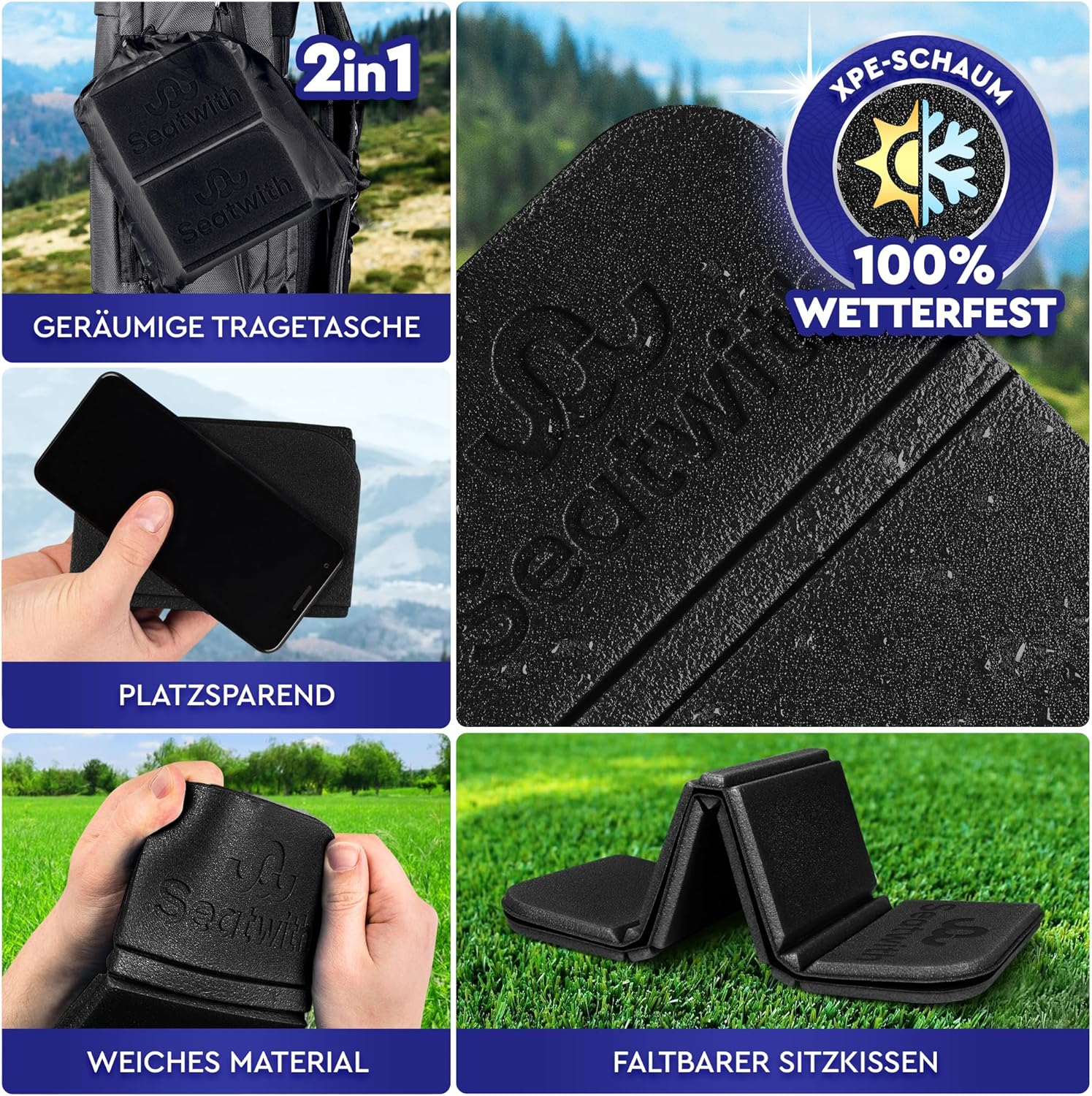 2er-Set Sitzmatten/Faltbares, isoliertes Thermo-Sitzkissen mit Tragetasche und Karabinerhaken zur idealen Befestigung am Rucksack, maximaler Schutz vor Kälte, Feuchtigkeit und Schmutz + Outdoor-E-Book – Bild 6
