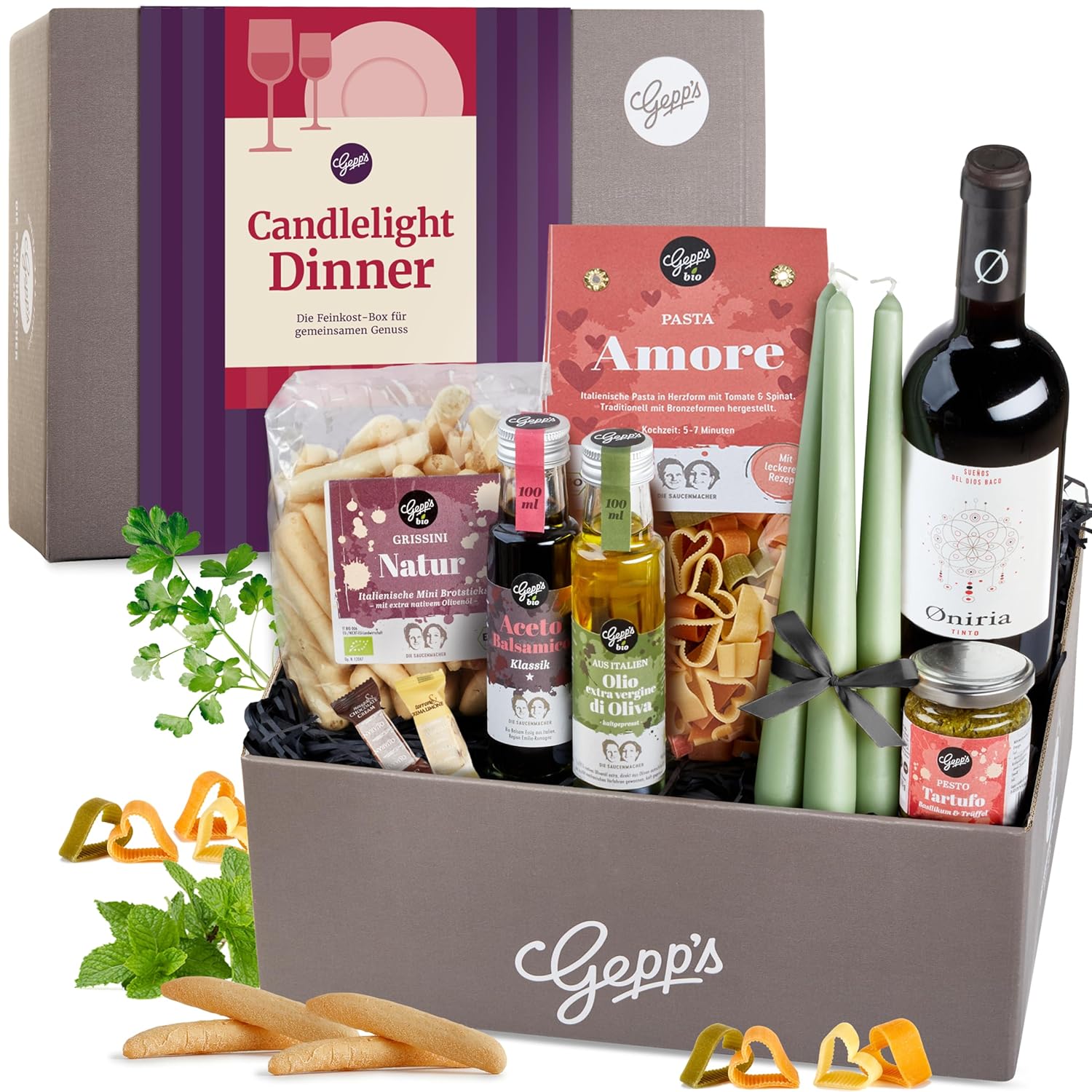 Gepp's Feinkost Candle Light Dinner Box I Romantisches Abendessen für Zwei mit spanischem Rotwein, Pasta in Herzform, Trüffelpesto und mehr I Gourmet-Geschenkset