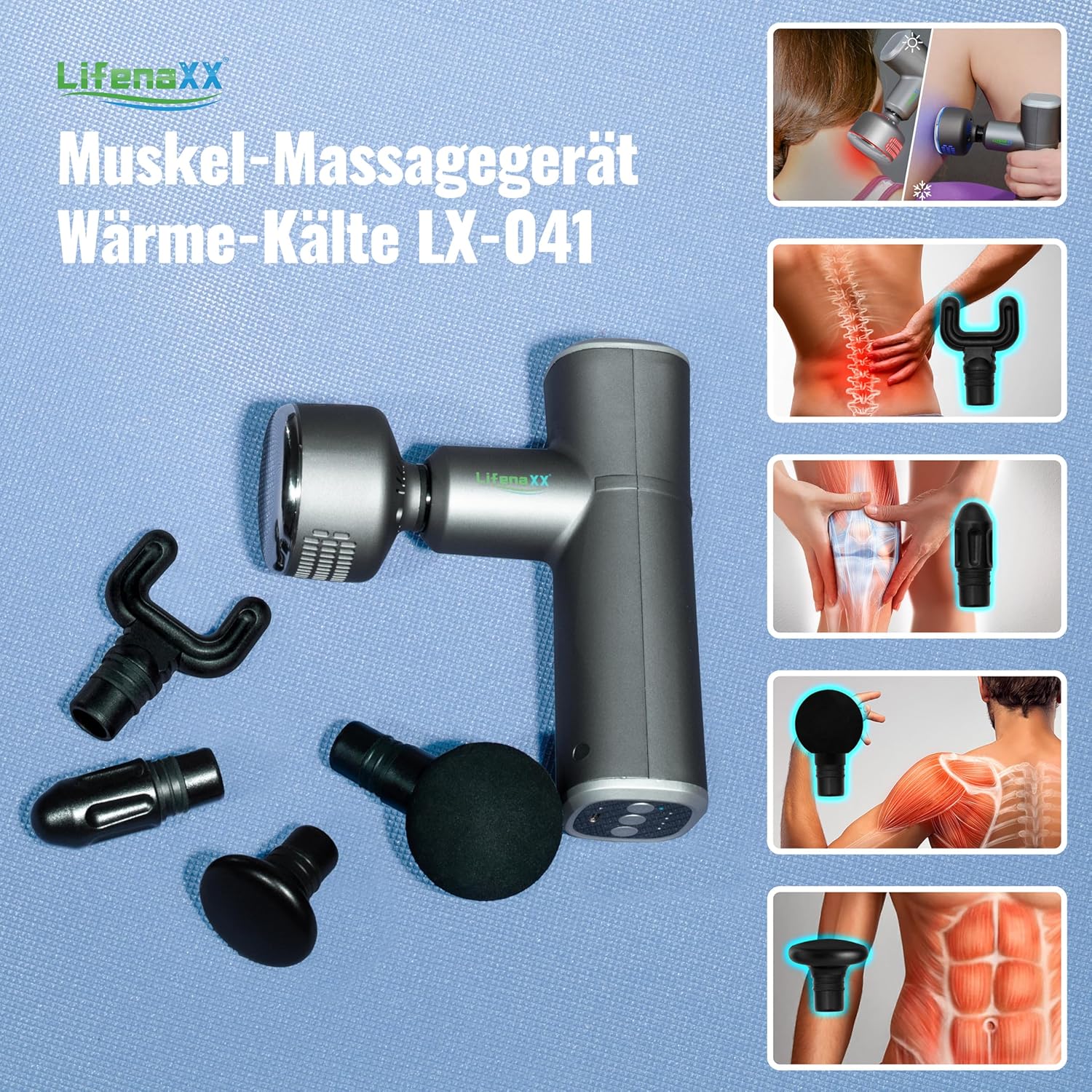 Lifenaxx Muskelmassagegerät Heat Cold Therapy Pro LX-041 Massagepistole mit Wärmefunktion und Kältefunktion in 6 Stufen, 5 Massageköpfe, 2000 mAh Akkulaufzeit – Bild 2