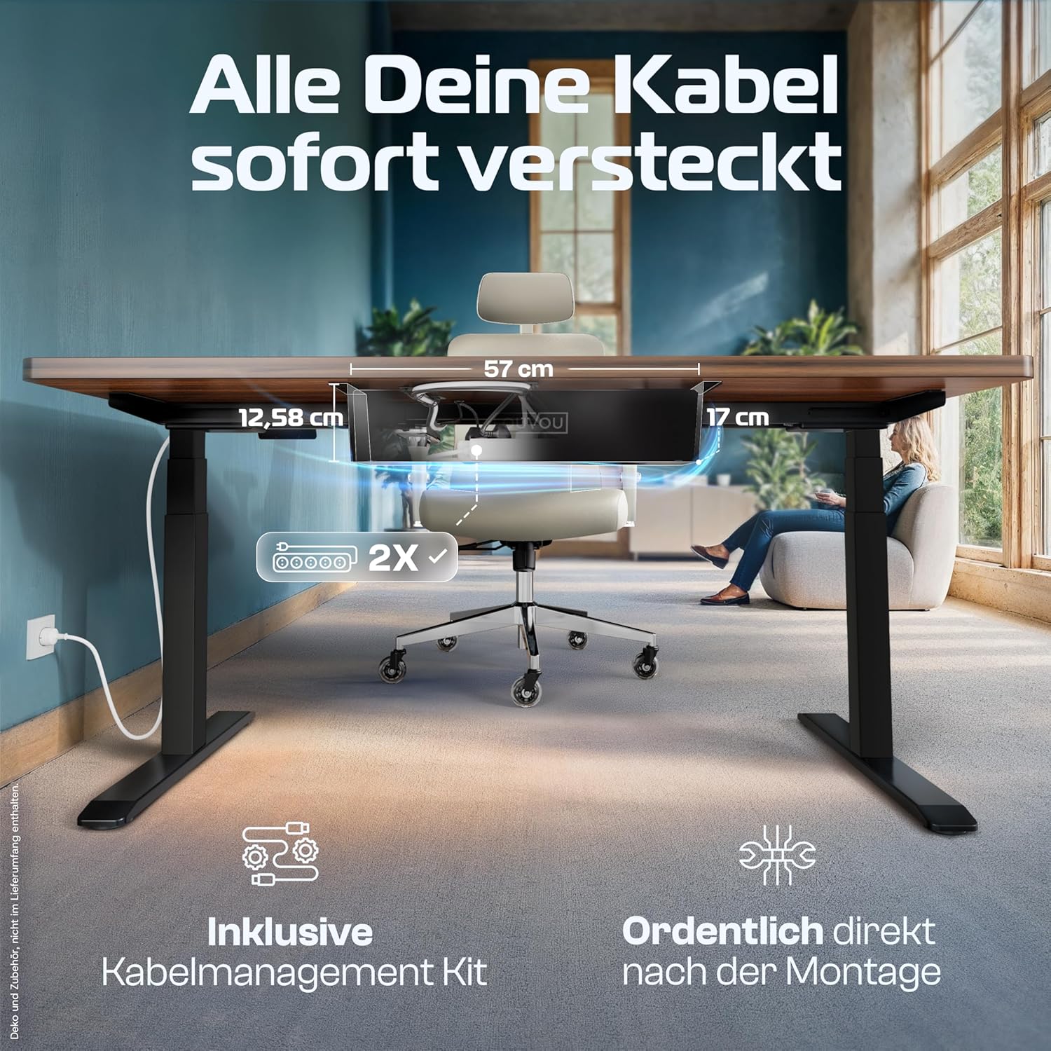 CLOUVOU MasterDesk höhenverstellbarer elektrischer Schreibtisch 160 x 80 cm (Testsieger). Dualmotorischer Schreibtisch, höhenverstellbarer elektrischer Schreibtisch mit Speicher, 2 x USB und Kabelversteck – Bild 5