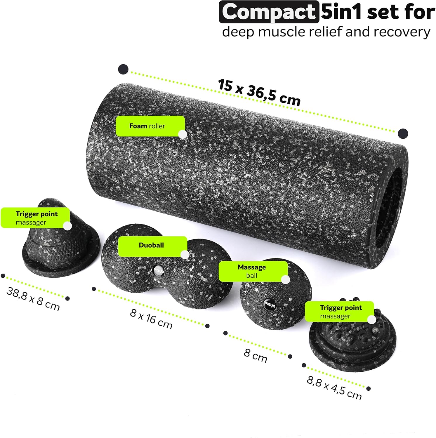 FIZYO Faszienrollen-Set 5-in-1 – Faszienrolle Schaumstoffrolle + Massageball, Duoball, Triggertool & Massagepad – Faszienset für Rücken, Beine & Triggerpunkte – Faszienmassage & Regeneration – Bild 2