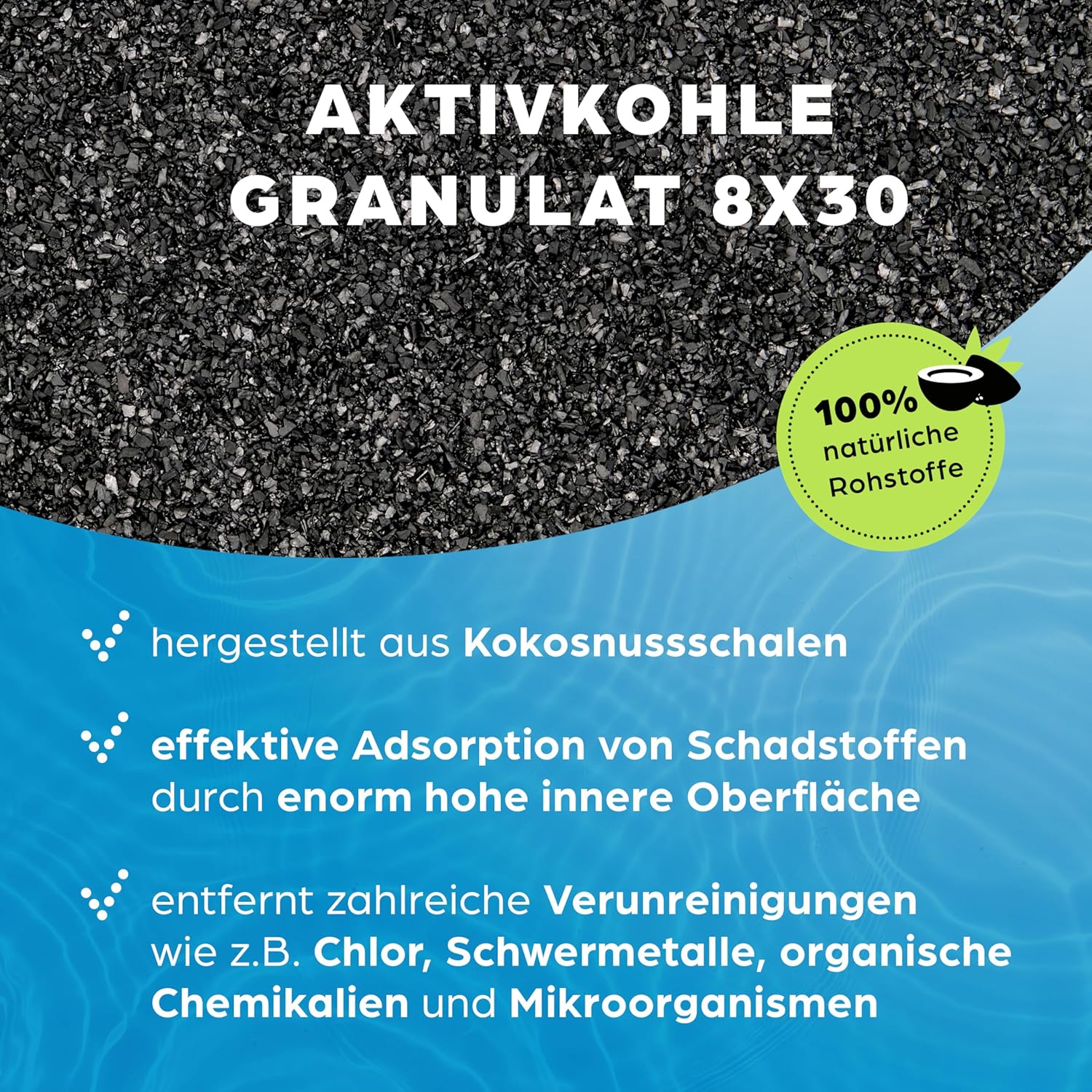 Aktivkohlegranulat 5 Liter aus Kokosnussschalen für Wasserfilter für Aquarium und Teich, Maschenweite 8 x 30, Körnung 2,36-0,6 mm, Energieklasse A, als Kohlefilter einsetzbar – Bild 4