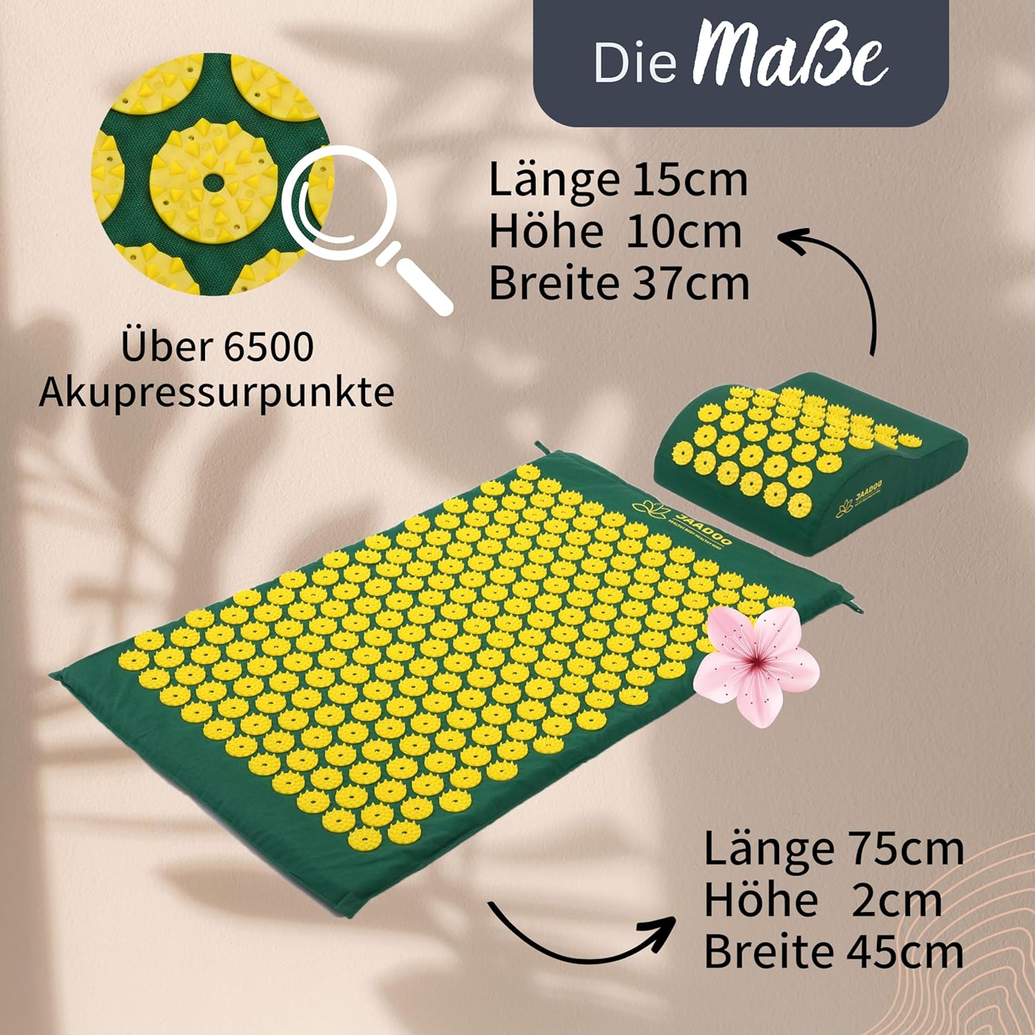 Akupressurmatte mit Kissen – perfekt für Anfänger (Memory-Schaum passt sich an) – Entspannung pur – Bezug aus 100 % Baumwolle – Acupresum-Matte grün – Bild 2