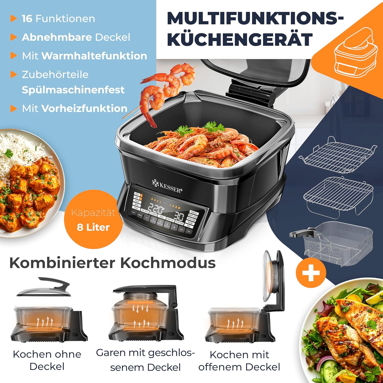 KESSER Multikocher mit Heißluftfritteuse 8 L & 16 Programme Küchengerät – Grillen, Backen, Dünsten, Vorheizen & Warmhalten Funktion, Reiskocher, Schongarer, Joghurtbereiter – Bild 2