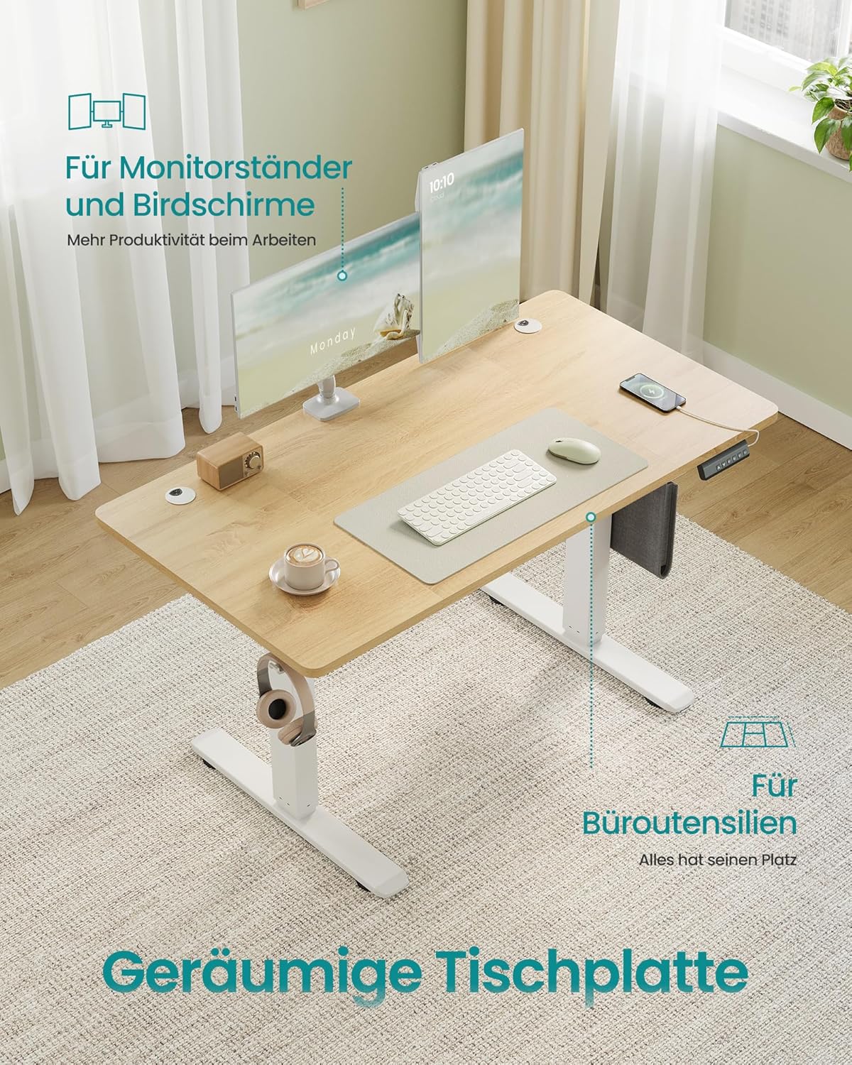 SONGMICS LSD132YA01 Höhenverstellbarer elektrischer Schreibtisch, 120 x 60 cm, 4 Höhen, Memory-Funktion, USB-C-Anschluss, Goldeiche – Bild 5