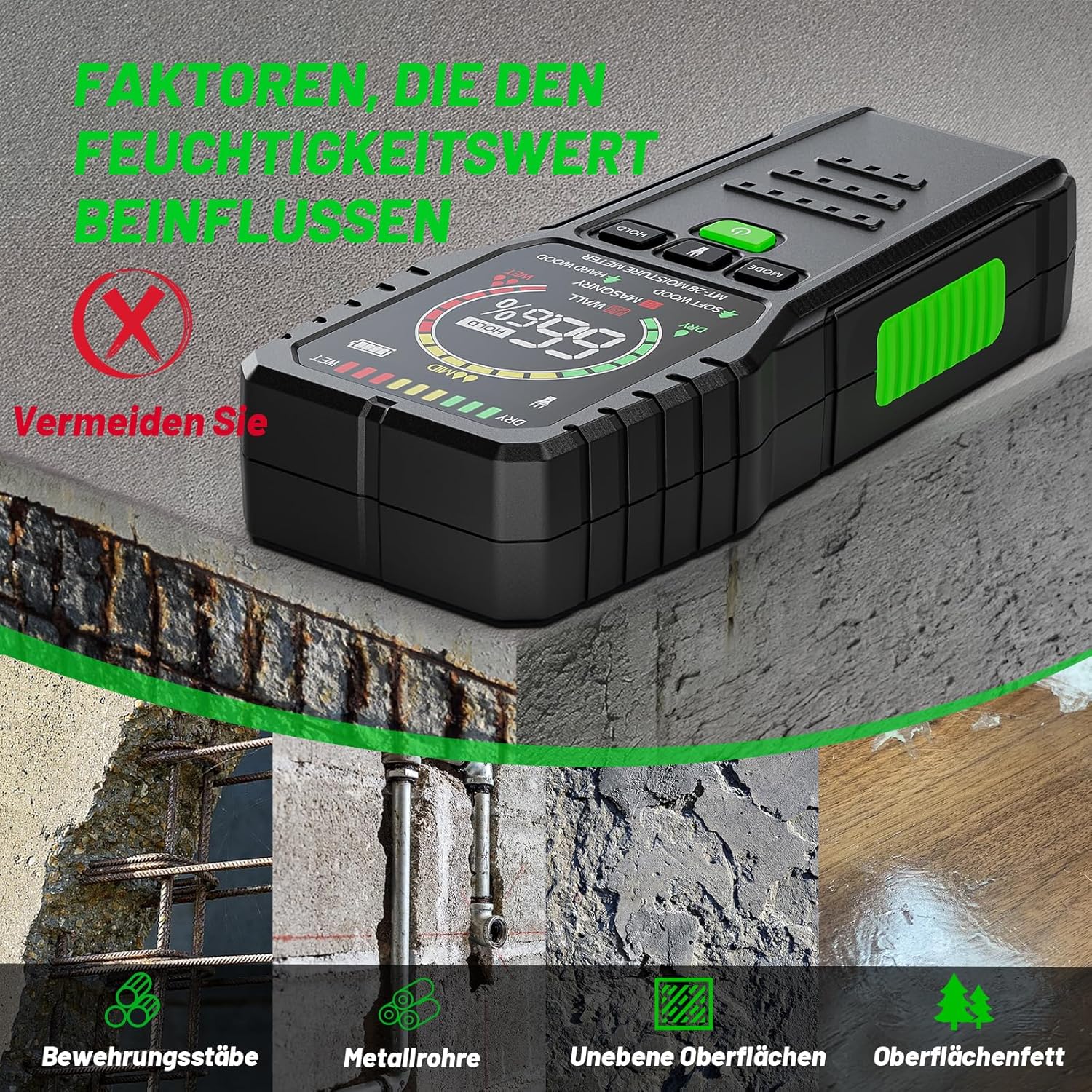 Feuchtigkeitsmesser für Wand und Holz – zerstörungsfreier Feuchtigkeitsmesser und Feuchtigkeitsmesser mit Batterie für Brennholz, Putz, Decke, Boden und Baumaterialien – Bild 6