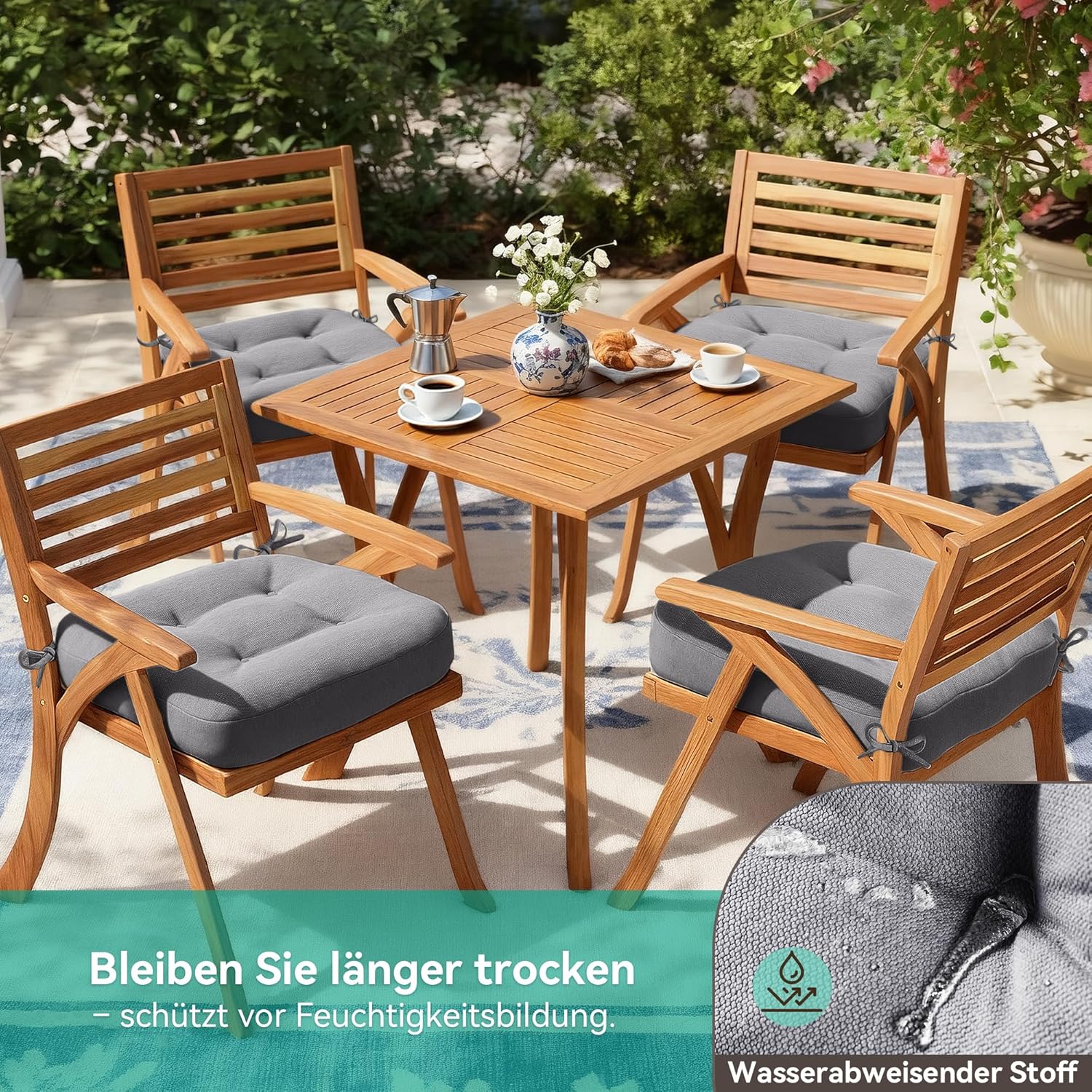 Codi Sitzkissen 40 x 40 x 8 cm, 4er-Set, extra dicke, bequeme Stuhlkissen mit wasserabweisendem Bezug – waschbare, rutschfeste Memory-Schaum-Sitzkissen für Stuhl, Outdoor- und Gartenstuhl, grau – Bild 4