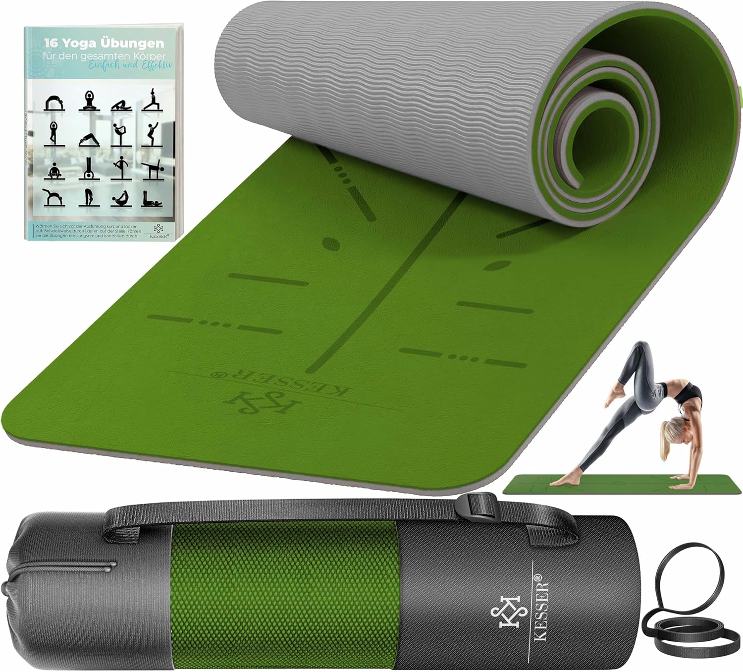 Kesser® Gymnastikmatte mit Tragegurt, rutschfeste TPE-Yogamatte, gepolsterte und rutschfeste Fitnessmatte, 183 x 61 cm, Trainingsmatte für Fitness, Sport, Pilates und Gymnastik-Workout, extra dick