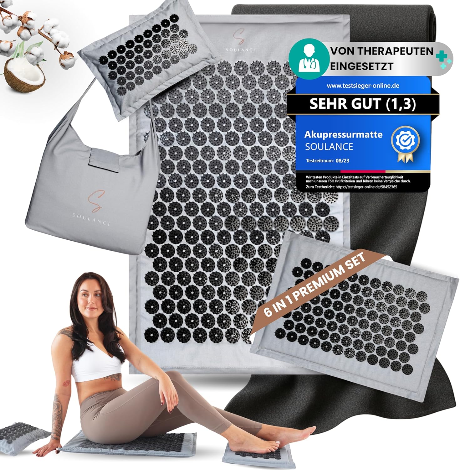 Akupressurmatte mit Kissen 6-in-1 Premium-Set (inkl. Yogatuch) & Tragetasche, Kokosfaserfüllung – Massagematte, Akupunkturmatte gegen Nacken- und Rückenschmerzen (Eisgrau, XXL-Set)