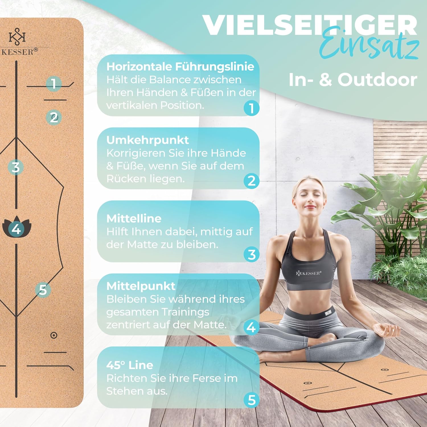 KESSER® Yogamatte aus Kork mit Tragegurttasche & Yogablock, Gymnastikmatte, Yogamatte, rutschfest, Naturkautschuk, TPE-Fitnessmatte, 183 x 62 cm, Trainingsmatte für Fitness, Sportmatte, Gymnastik, extra dick – Bild 6