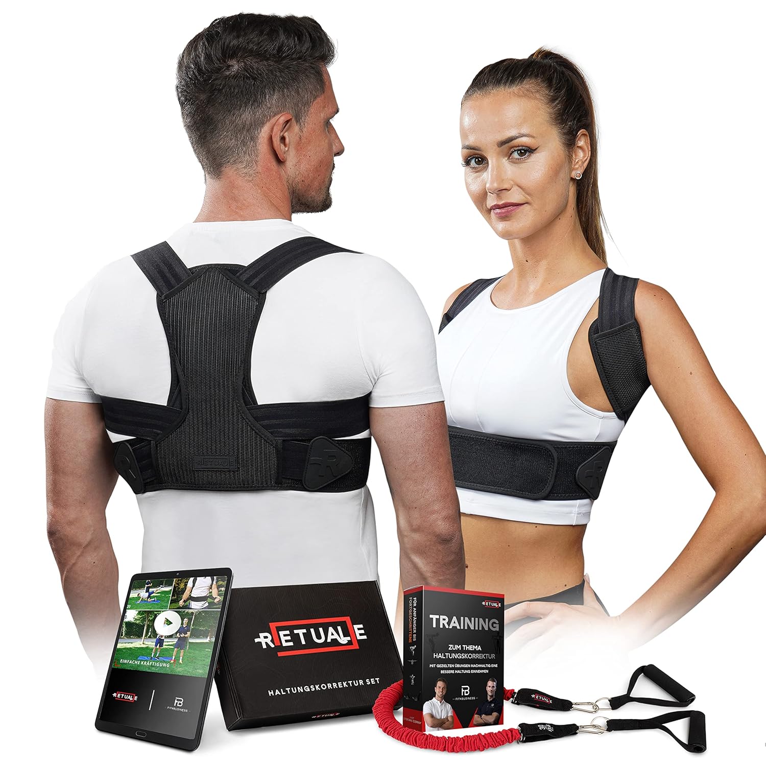 Haltungskorrektur für Männer und Frauen, 3-in-1-Rückenglätter und Rückenstütze für perfekte Haltung und Schulterschmerzen, verstellbarer Schultergurt mit Fitnessband und Premium-Videokurs (M)