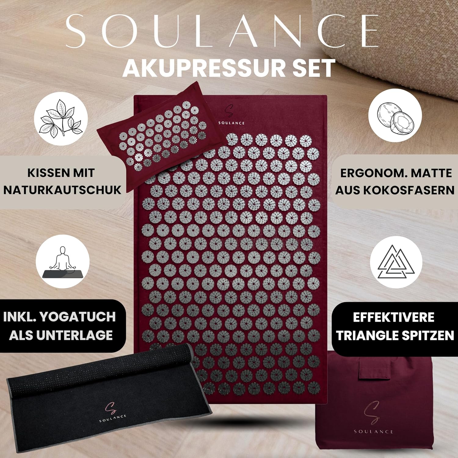 Akupressurmatte mit Kissen – 5-in-1-Premium-Set (inkl. Yogatuch) & Tragetasche, Kokosfaserfüllung – Massagematte, Akupunkturmatte bei Nacken- und Rückenschmerzen (Bordeaux) – Bild 2