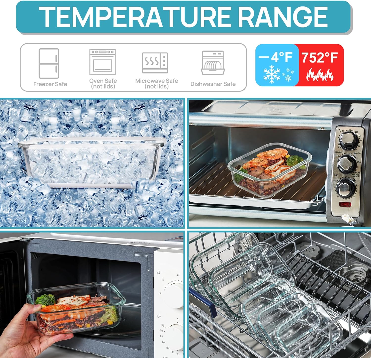 Vtopmart 8 Stück Meal Prep Boxen, Glas, Glasbehälter mit Deckel, (997 ml & 355 ml) Meal Prep Boxen, BPA-frei, stapelbar, hitzebeständig, für Gefrierschrank, Camping – Bild 7