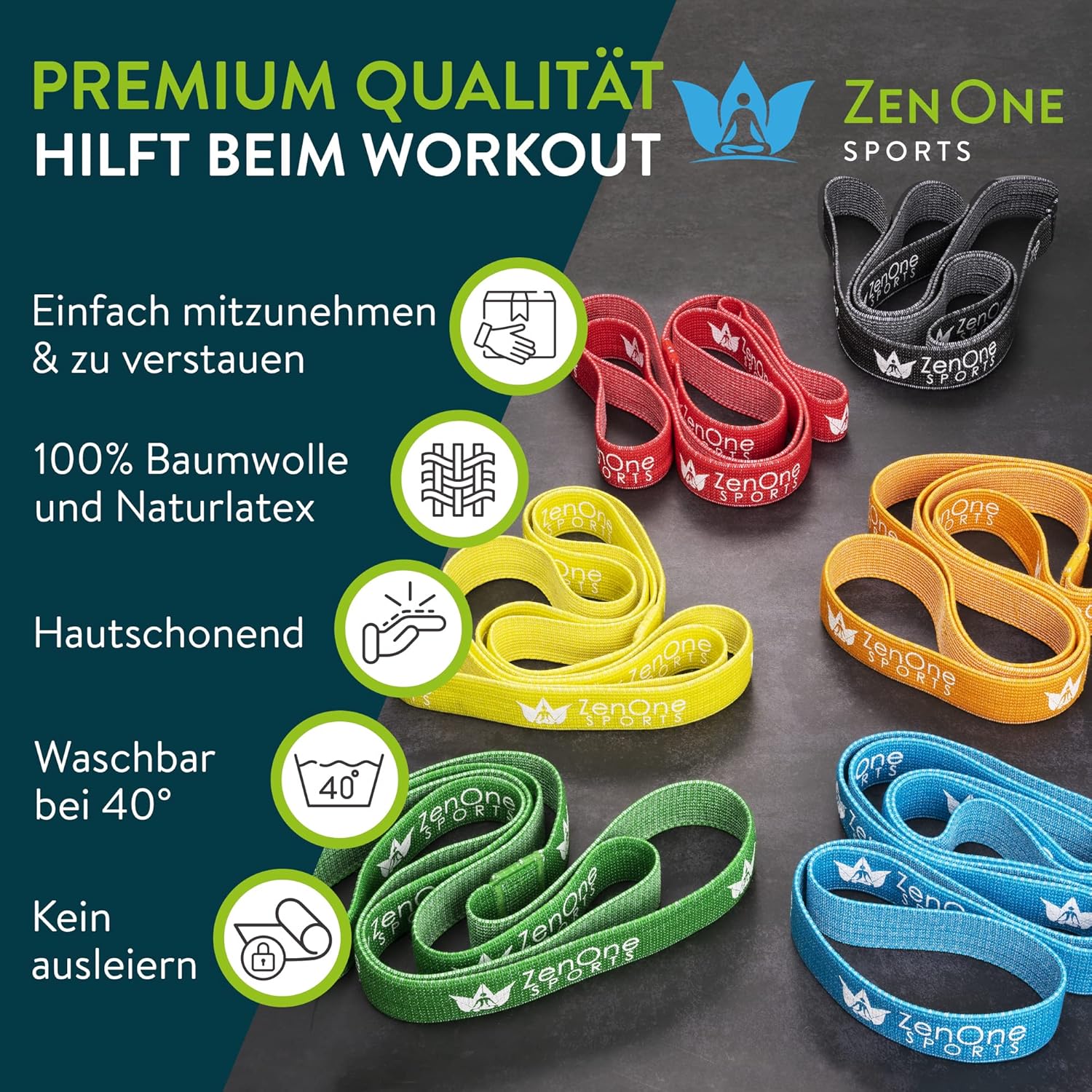 ZenOne Sports® Fitnessbänder Stoff I Widerstandsbänder in 6 Stärken von X-Light bis XX-Heavy I Stoff Widerstandsbänder mit Workout-Guide – Ideal für Krafttraining, Warm-up & Mehr I Gymnastikband – Bild 6