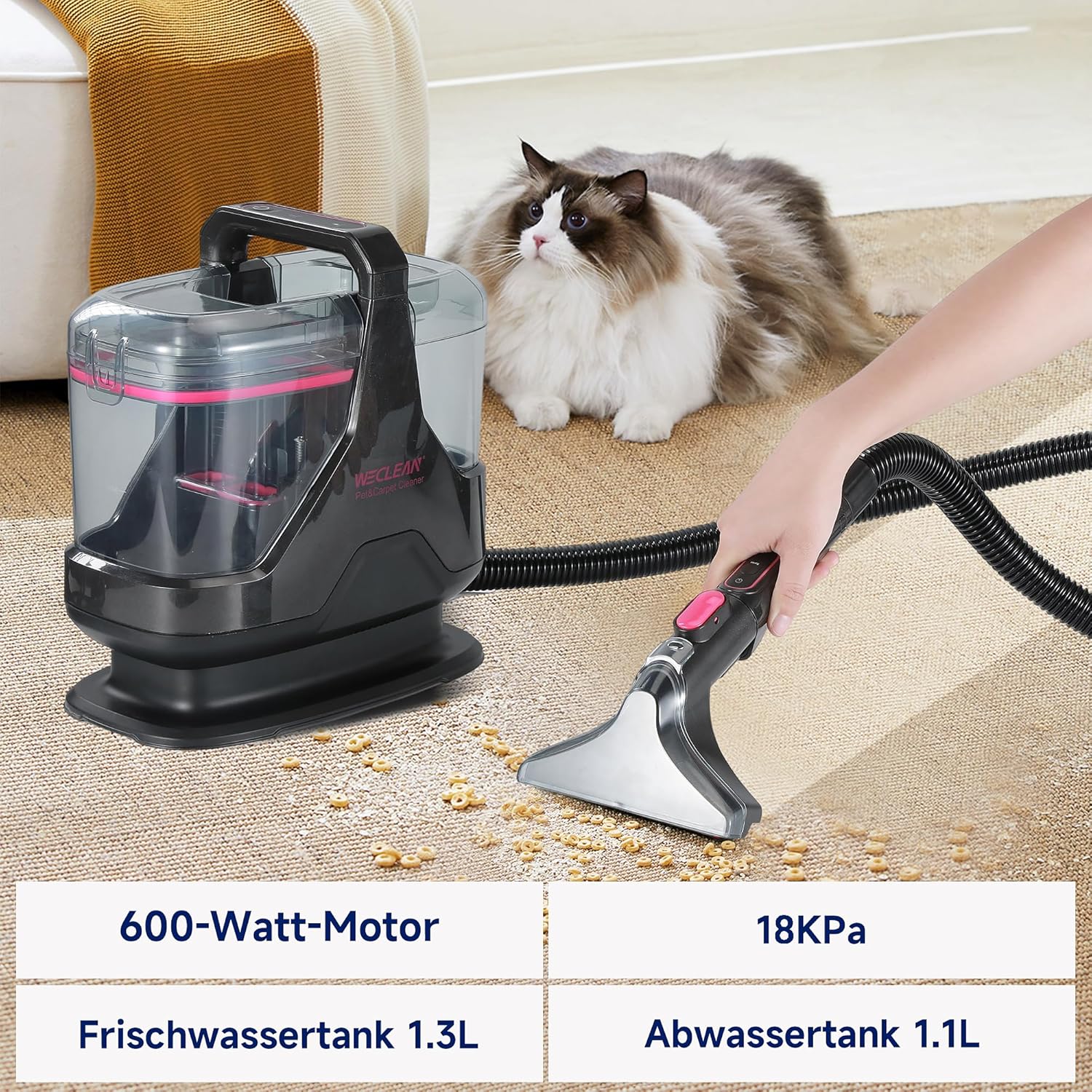 WECLEAN C3 Nasssauger Polsterreiniger Gerät Fleckenreiniger für Teppiche, Sofas, Treppen, Fenster, Spiegel, Polster, Autos, 600 Watt, 15 KPa, Schwarz/Rosa – Bild 2