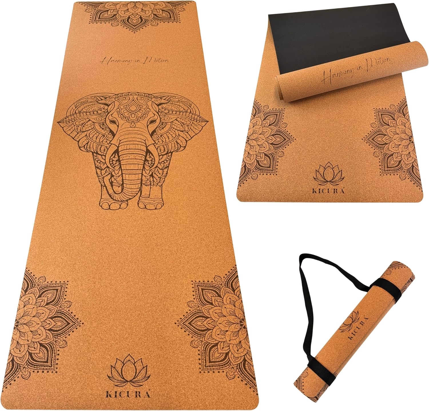 Yoga-Matte aus Kork & Naturkautschuk mit Elefanten-Mandala – rutschfeste Premium-Matte, 4 mm dick, mit Tragegurt, in 3 Größen
