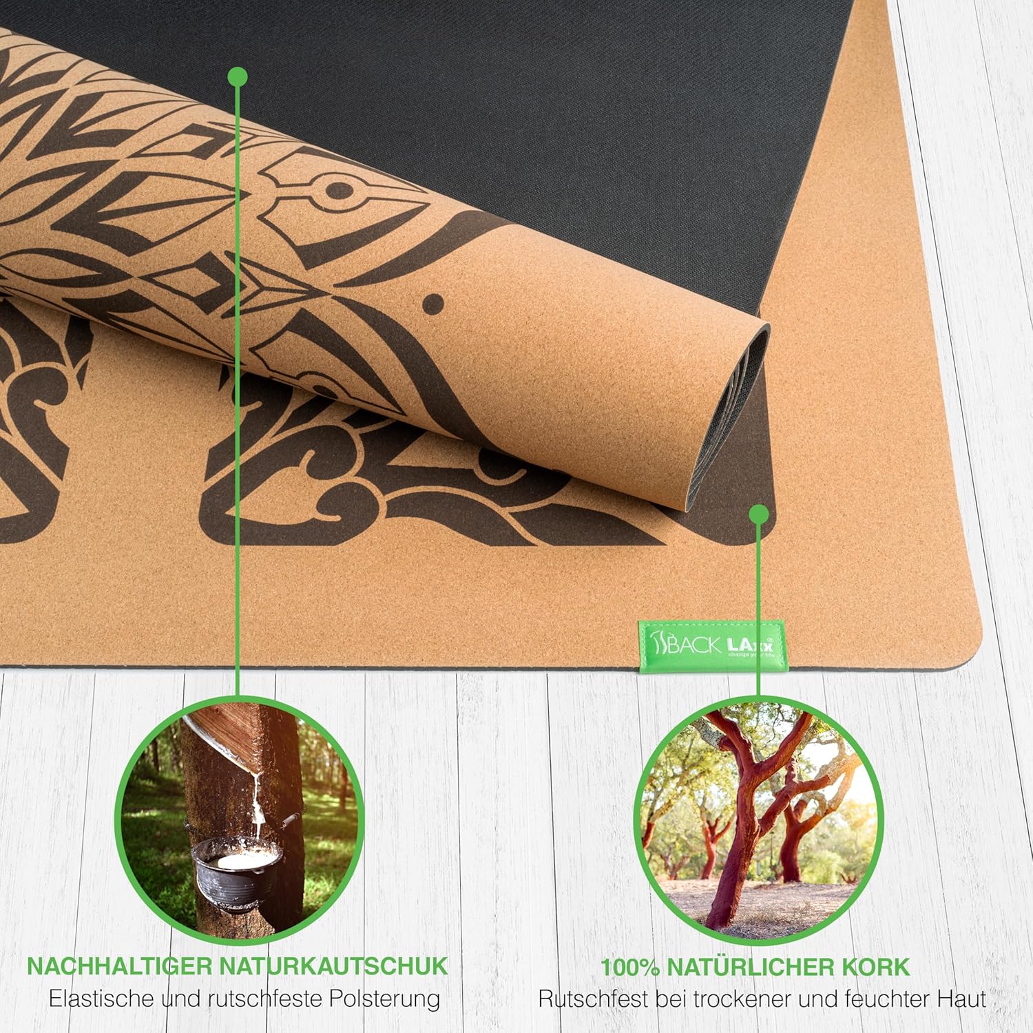 BACKLAXX ® Yogamatte Kork XXL (+50 % mehr Oberfläche) mit Naturkautschuk – Yogamatte nachhaltig, schadstofffrei, Yogamatte rutschfeste Fitnessmatte mit Anti-Rutsch-Zonen inkl. – Bild 3