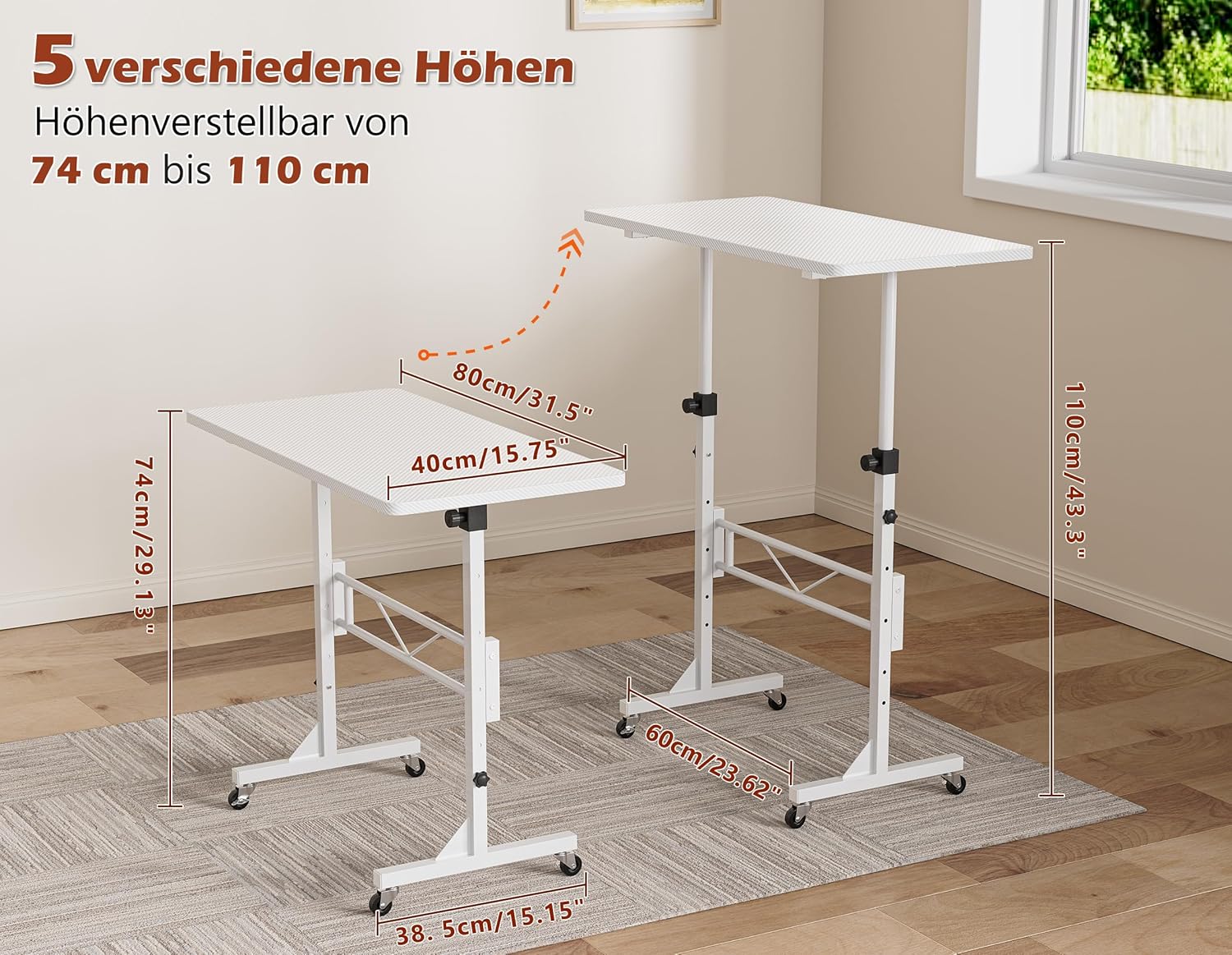 HOMIDEC Höhenverstellbarer Schreibtisch mit Rollen, Tisch, Computertisch, Stehpult, höhenverstellbar für Gehpad, Laufband für Zuhause, PC-Tisch klein für Heimbüro, 80 x 40 cm, Weiß – Bild 3