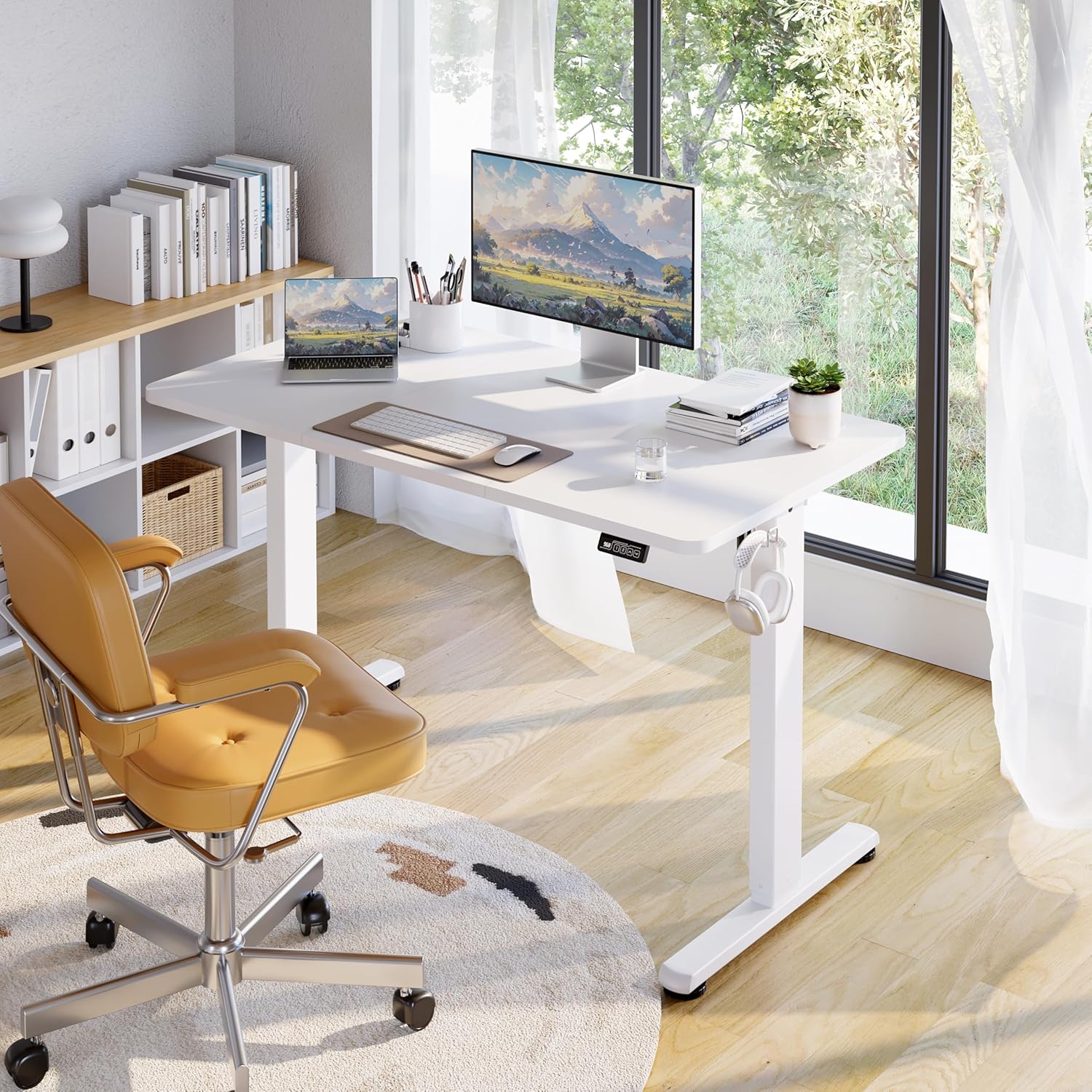 Höhenverstellbarer Schreibtisch, elektrischer Stehpult, Büro-Computertisch mit Memory-Funktion, weiß, 120 x 60 cm – Bild 4