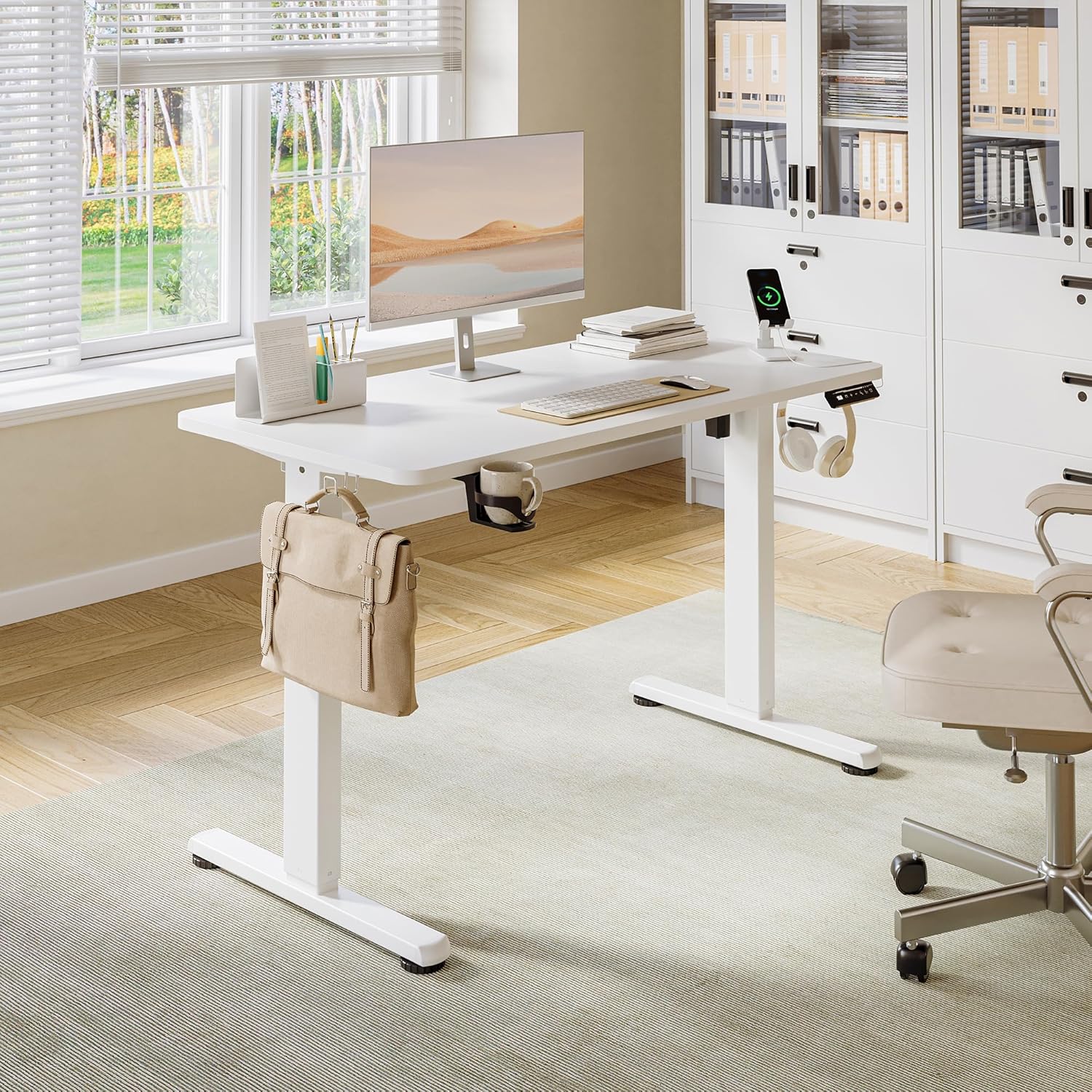 Höhenverstellbarer Schreibtisch, elektrischer Stehpult, Büro-Computertisch mit USB-C-Ladeanschluss und Memory-Funktion, Weiß Pro, 120 x 60 cm – Bild 9
