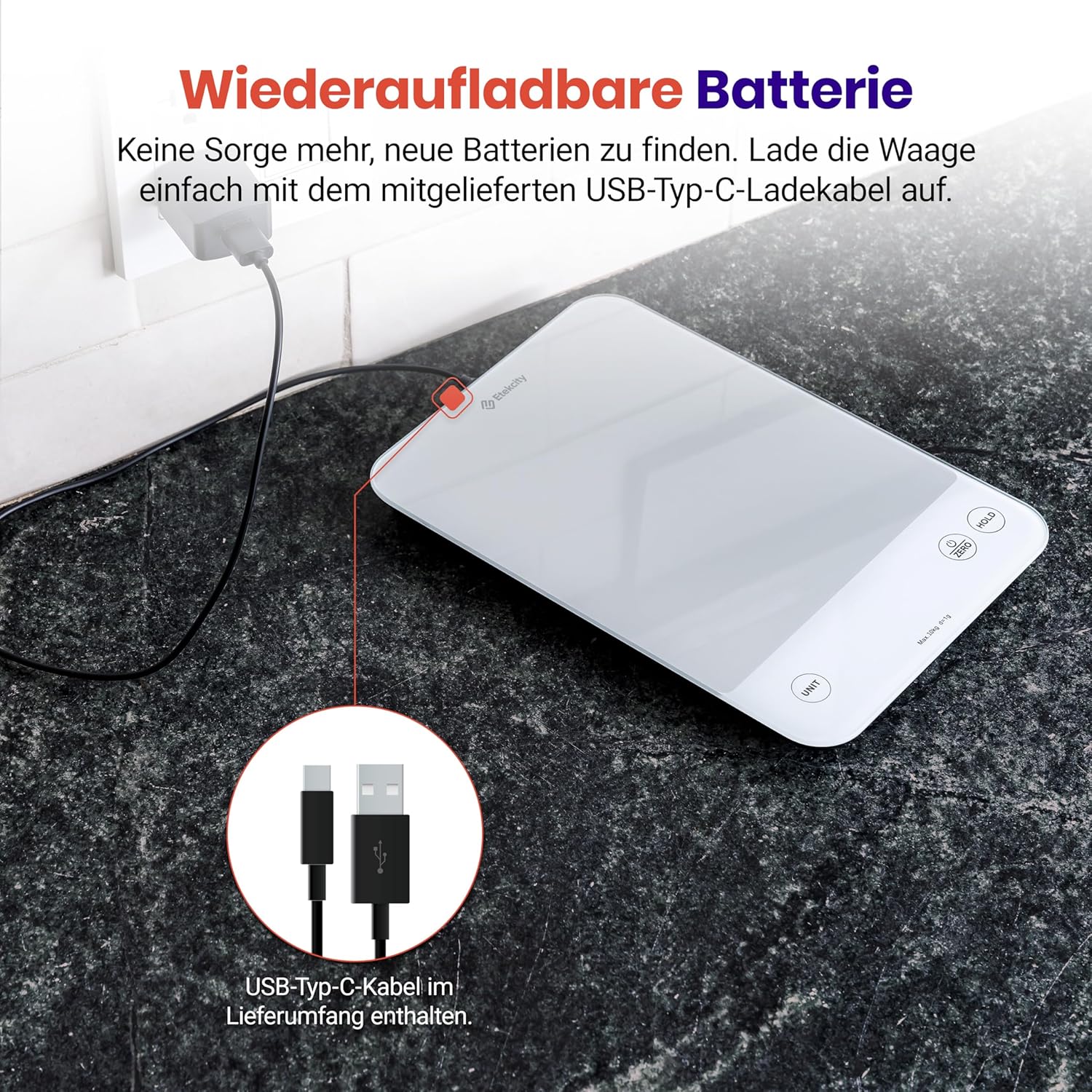 ETEKCITY Küchenwaage, Präzisionswaage 0,1 g genau, 10 kg digitale Küchenwaage mit großem LED-Display, wasserdichte Küchenwaage zum Abmessen von Flüssigkeiten, Tara-Funktion – 10 kg – 1 g – weißes Glas – Bild 7