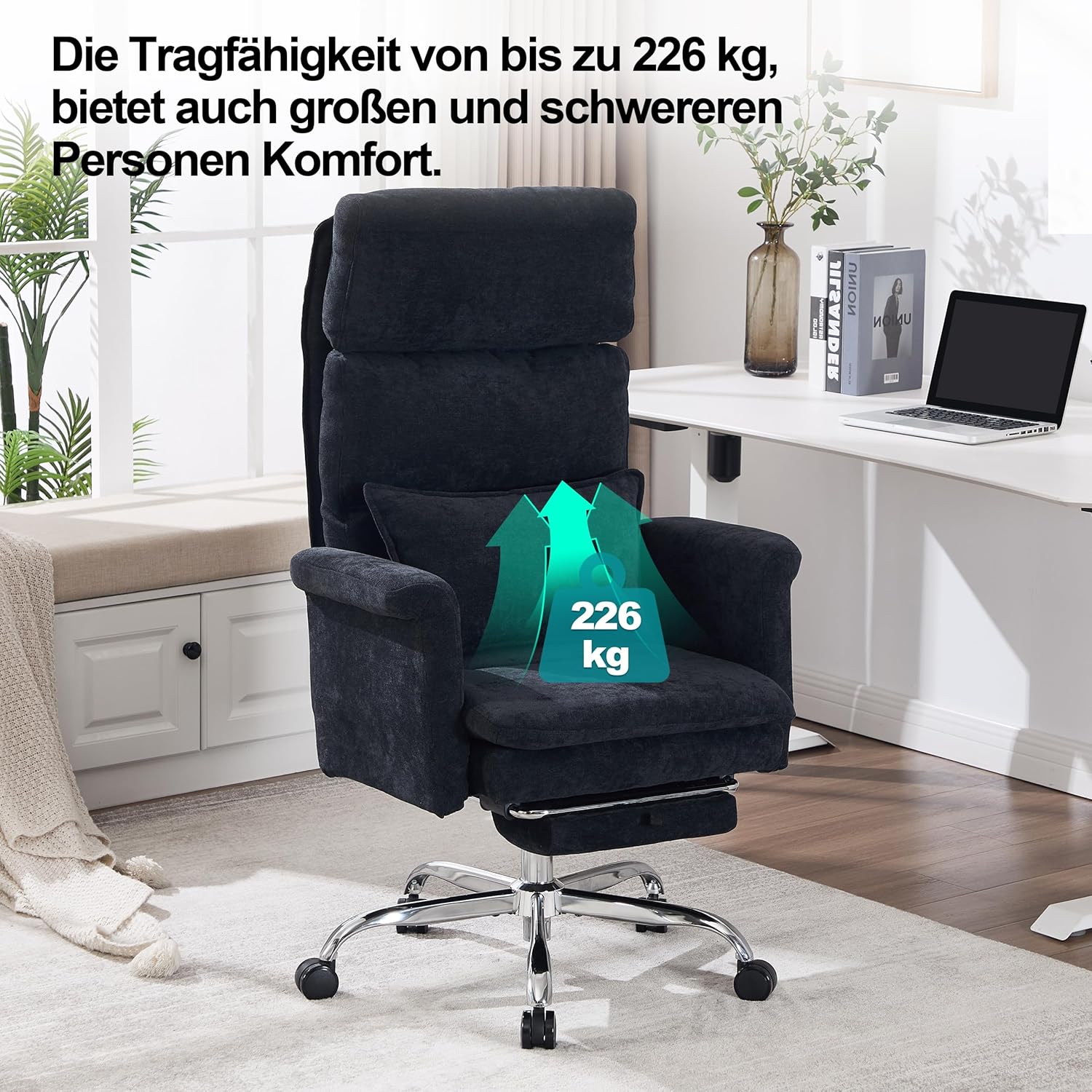 UEV Ergonomischer Bürostuhl mit Fußstütze bis 226 kg, klappbare Armlehnen, dicke Sitzpolsterung, verstellbare Kopfstütze, Schreibtischstuhl für Schneidersitz, Computerstuhl, Drehstuhl, Home Office, Schwarz – Bild 7