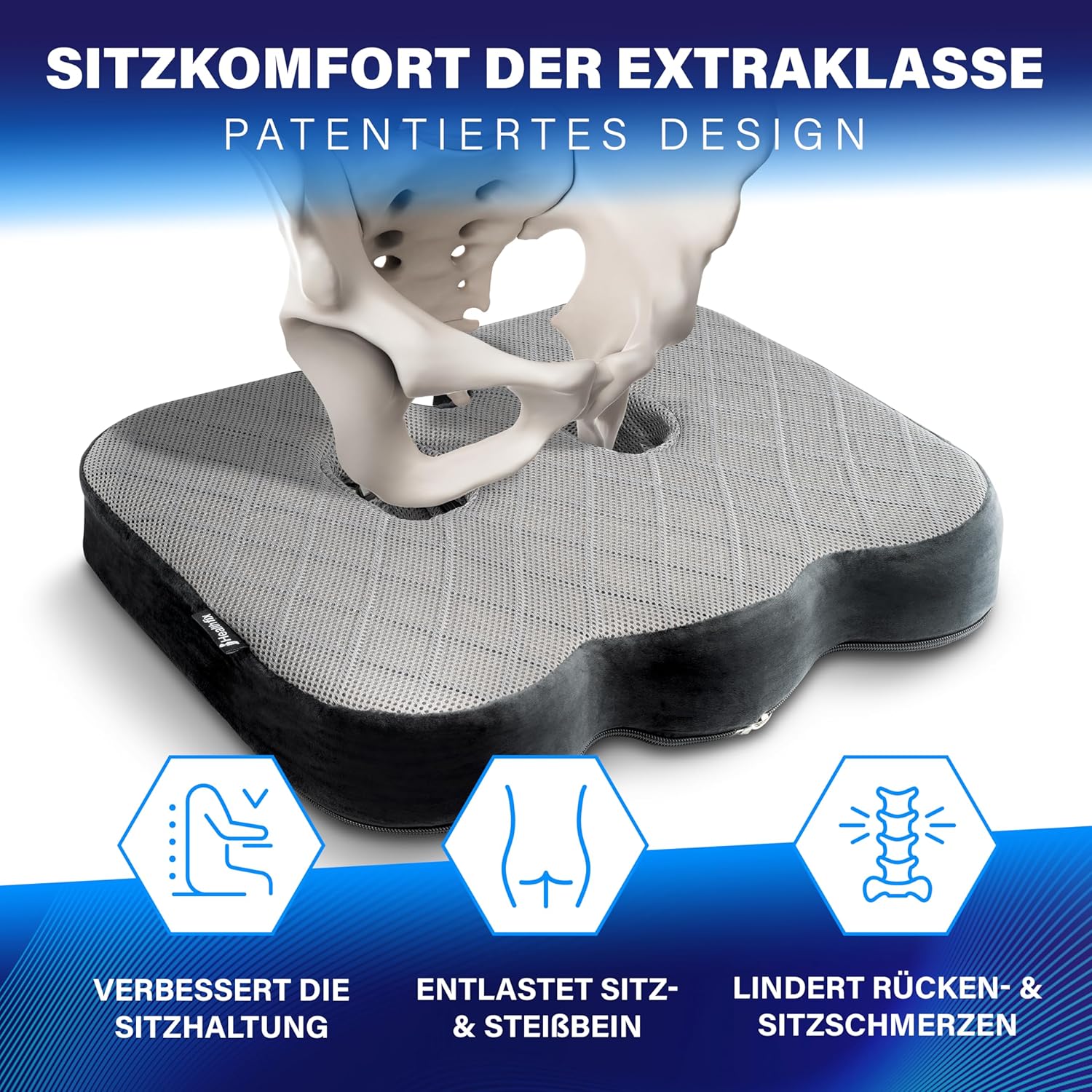 Orthopädisches Sitzkissen von Healthfix für Büro, Heimbüro usw. Ergonomisches Sitzen aus Memory-Schaum mit entlastender Funktion des Steißbeins und der Sitzknochen, erhöht den Sitzkomfort (mittel) – Bild 2