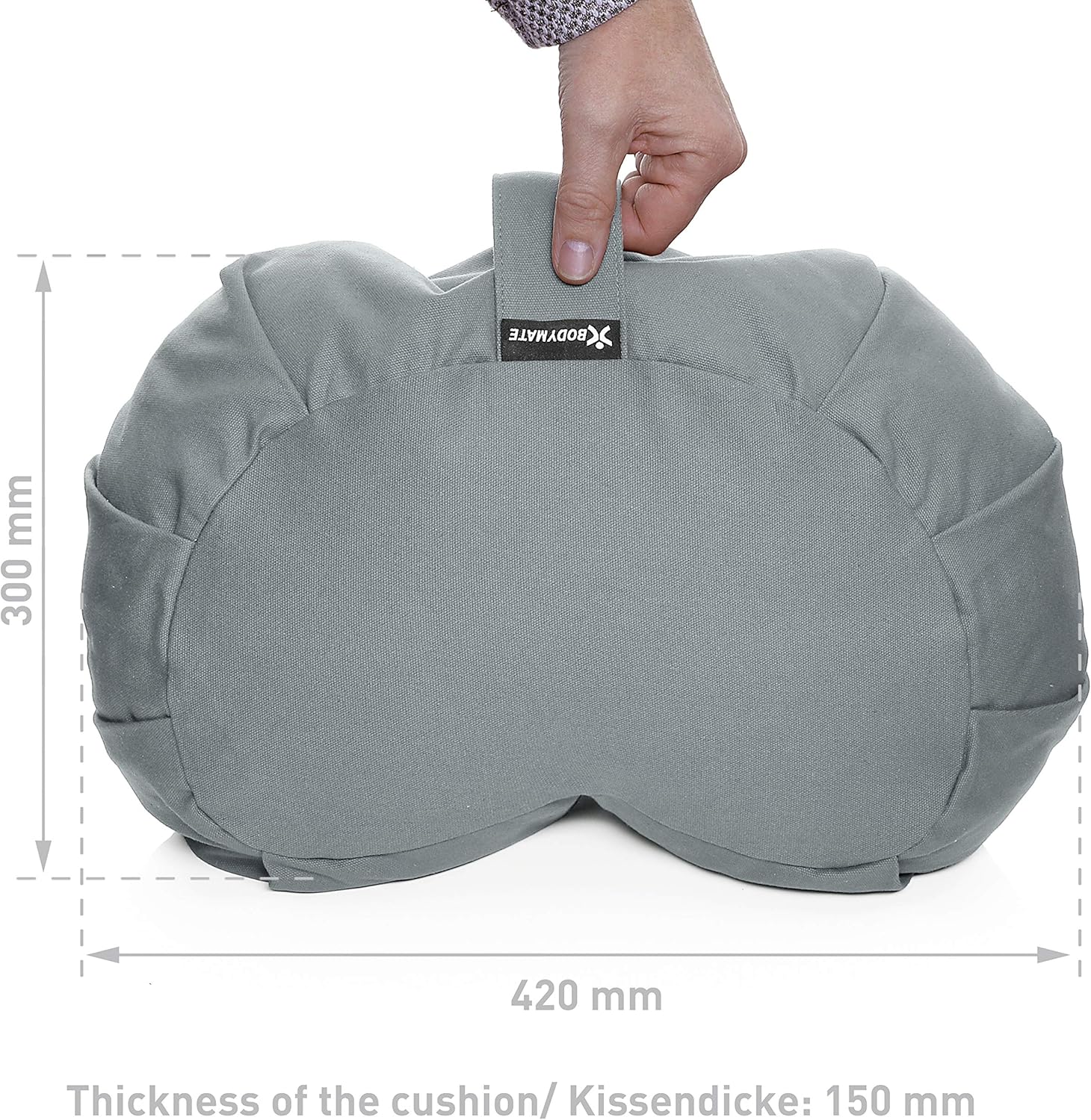 BODYMATE Halbmond-Yogakissen 42 cm lang, 30 cm breit und 15 cm hoch mit Buchweizenschalenfüllung – maschinenwaschbarer Bezug aus 100 % extra dicker Baumwolle – Meditationskissen – Sitzkissen – Bild 3