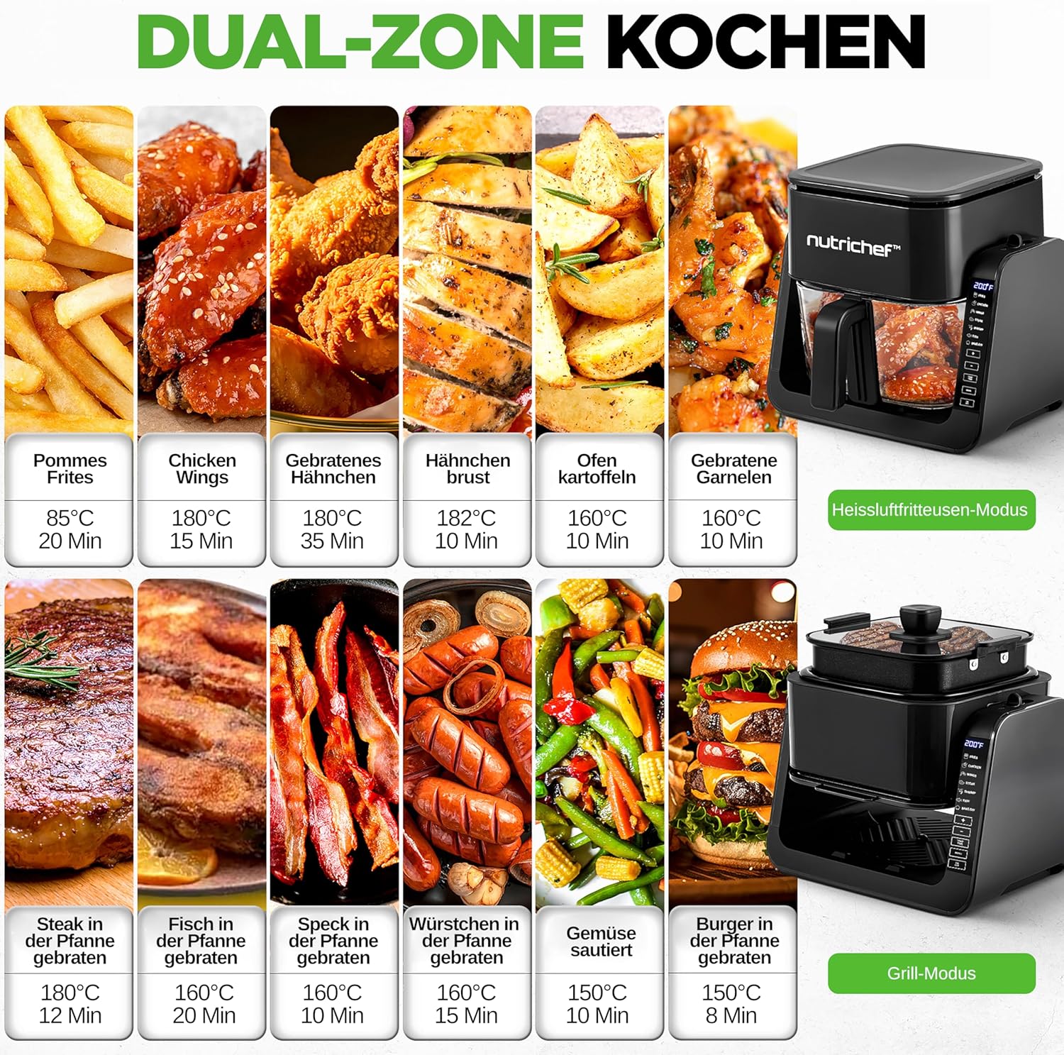 NutriChef Heißluftfritteuse 4L mit Grillfunktion 1500W Schwarz – Airfryer ohne Öl mit Sichtfenster, 7 Programmen, Glasbehälter für Familien & vielseitiges Kochen – Bild 2