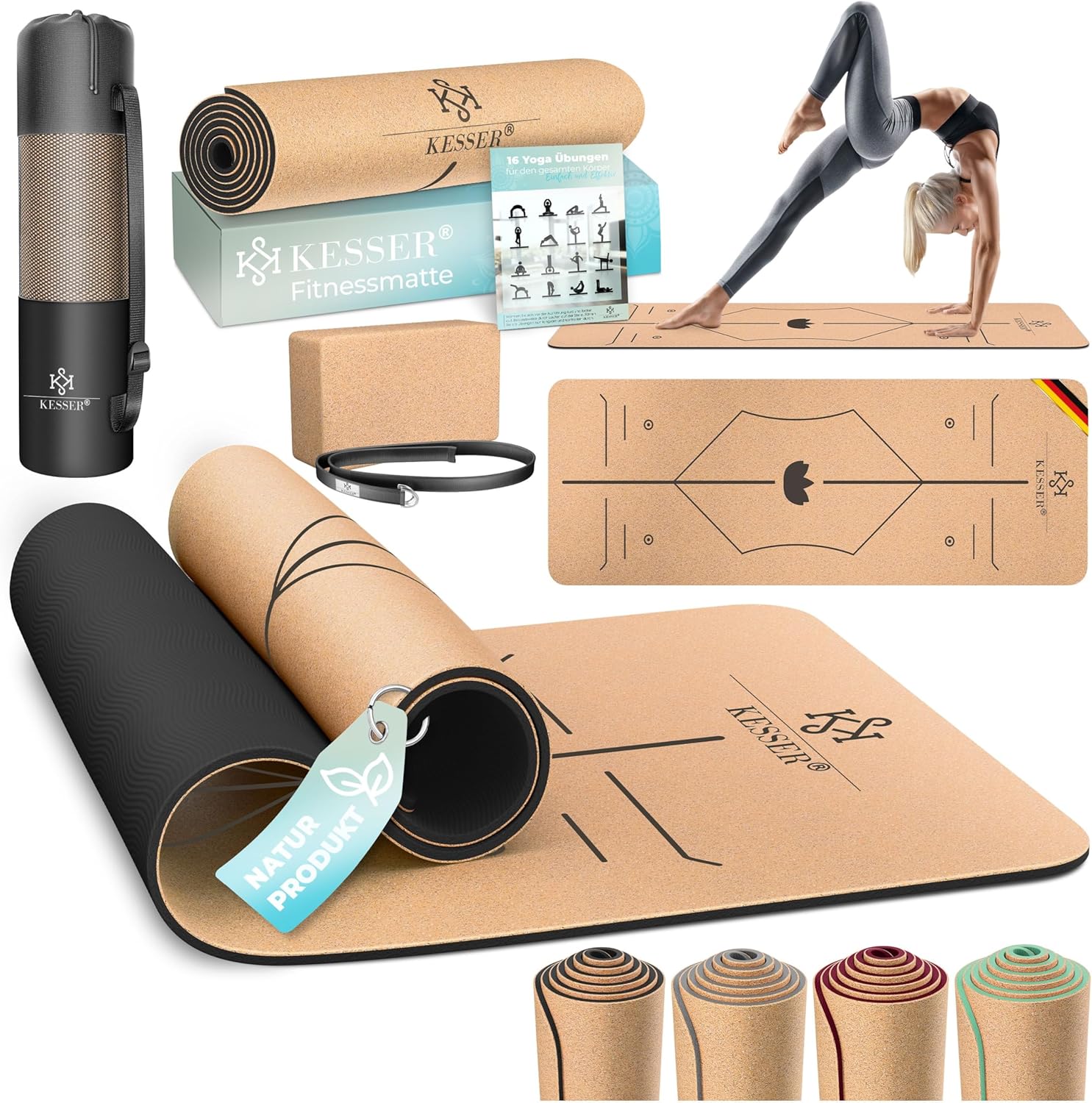 KESSER® Yogamatte aus Kork mit Tragegurttasche & Yogablock, Gymnastikmatte, Yogamatte, rutschfest, Naturkautschuk, TPE-Fitnessmatte, 183 x 62 cm, Trainingsmatte für Fitness, Sportmatte, Gymnastik, extra dick