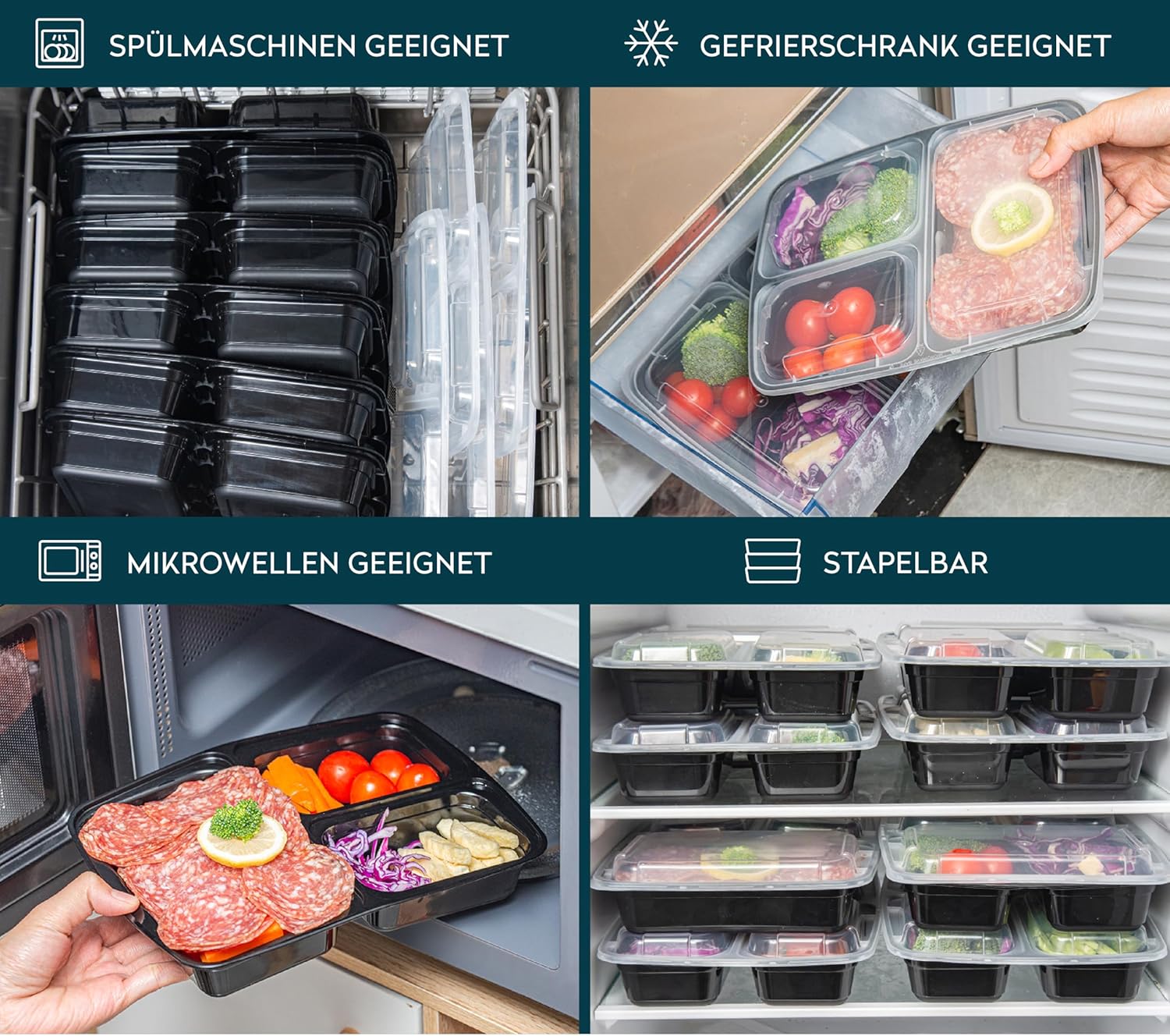 Meal-Prep-Boxen mit 3 Fächern im praktischen 10er-Pack – mikrowellen- und spülmaschinenfest, wiederverwendbar, luftdicht verschlossen, BPA-frei, Lunchbox, Gefrierbehälter, Tupperware-Set, Mikrowellengeschirr – Bild 5