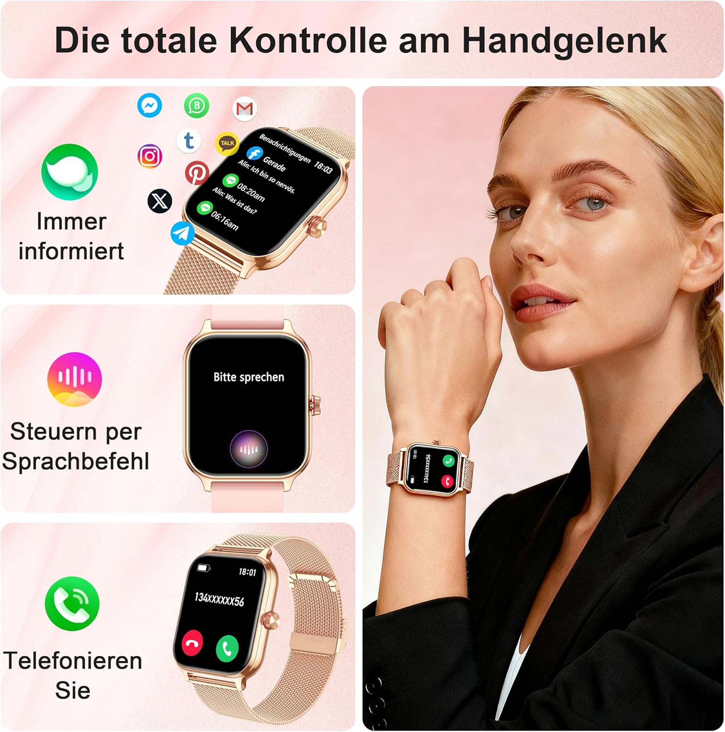 LODIMEKE Smartwatch Herren Damen Telefonfunktion Blutdruck Herzfrequenz Schlaf 1,96 Zoll AI Fitnessuhr 100+ Sportmodi, IP67 Wasserdicht Schrittzähler Wecker Rechner Visitenkarte iOS Android – Bild 2