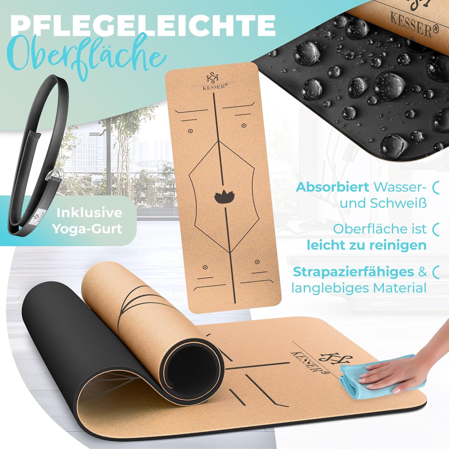 KESSER® Yogamatte aus Kork mit Tragegurttasche & Yogablock, Gymnastikmatte, Yogamatte, rutschfest, Naturkautschuk, TPE-Fitnessmatte, 183 x 62 cm, Trainingsmatte für Fitness, Sportmatte, Gymnastik, extra dick – Bild 5