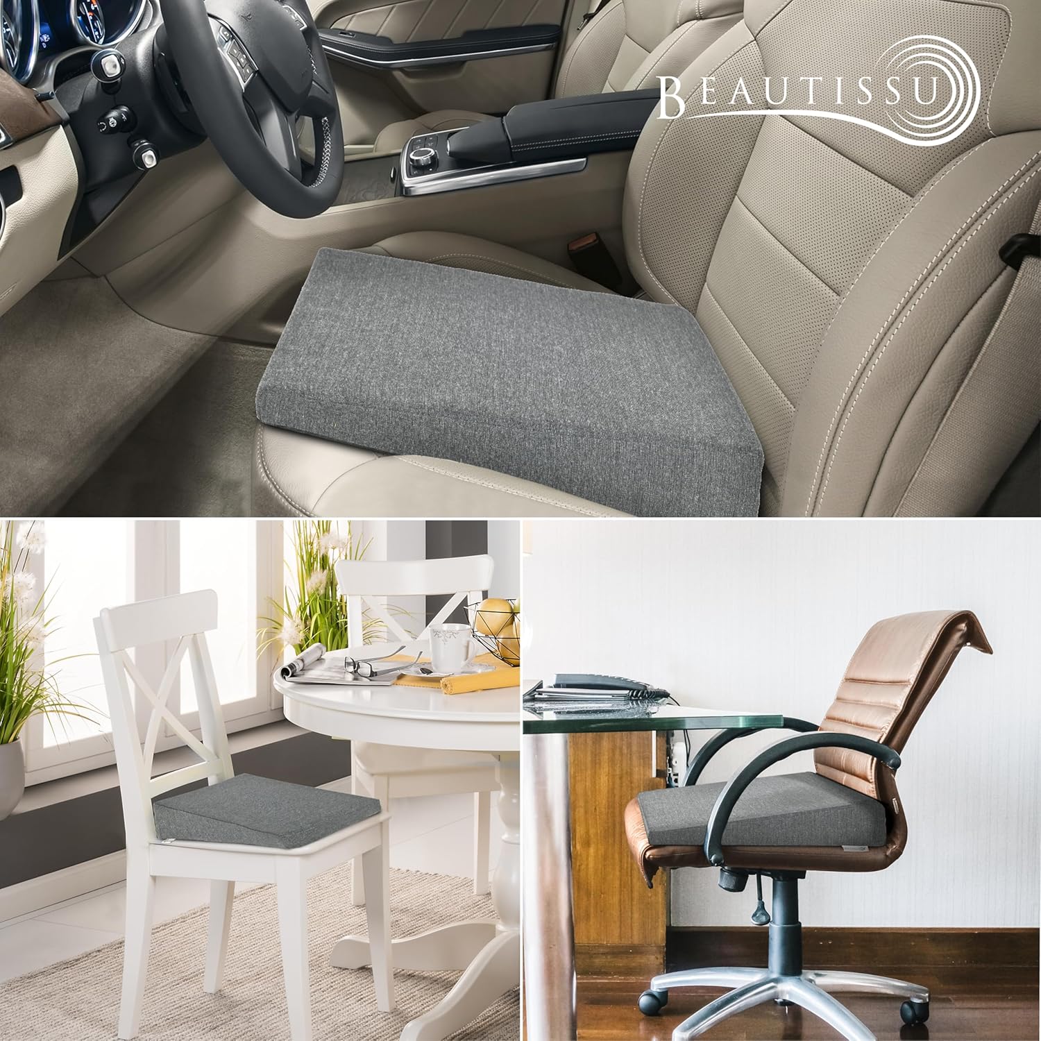 Beautissu Sitzkeilkissen, formstabil, rutschfester Bezug, waschbar & Reißverschluss – ergonomisches Sitzkissen, Keilkissen für Stuhl, Zuhause, Büro, Büro, Stuhlkissen, Büro, hellgrau – BeauErgo – Bild 8