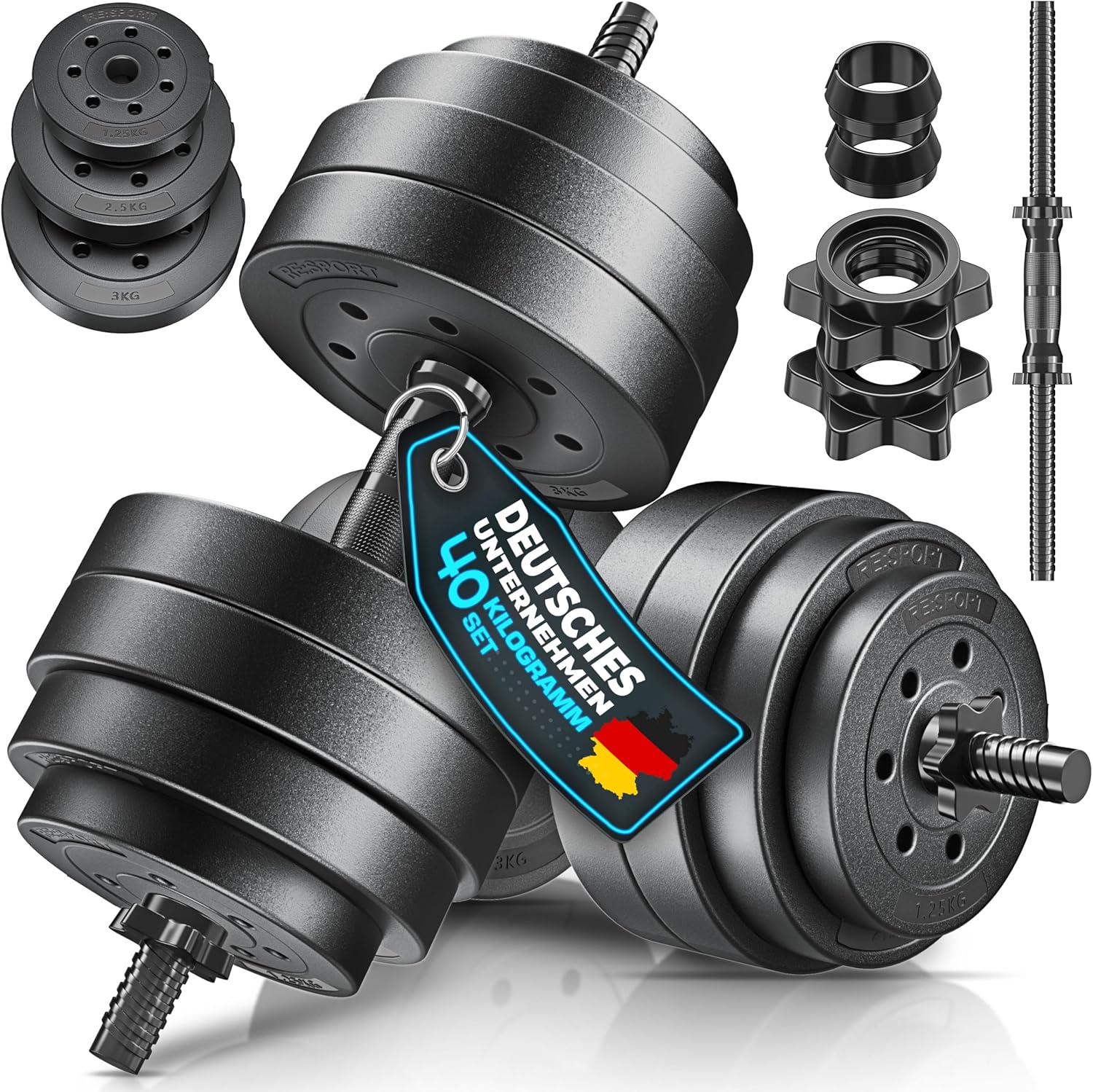RE:SPORT 2er-Set verstellbare Kurzhanteln 15/20/30/40 kg | Hantelset mit 2 Hanteln | Hantel mit Gewichten und 4 Spinlock-Kragen | Fitness-Hantel für Muskelaufbau, Training und Zuhause