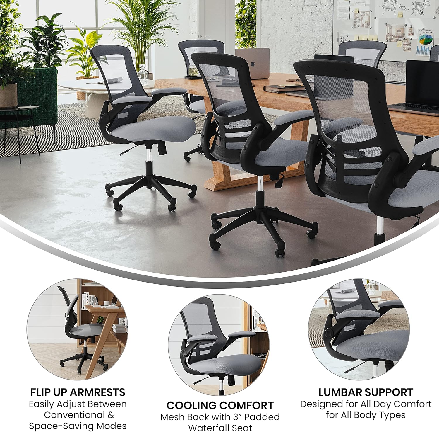 Flash Furniture Bürostuhl mit hoher Rückenlehne, ergonomischer Drehstuhl mit klappbaren Armlehnen und verstellbarer Kopfstütze – Bild 4