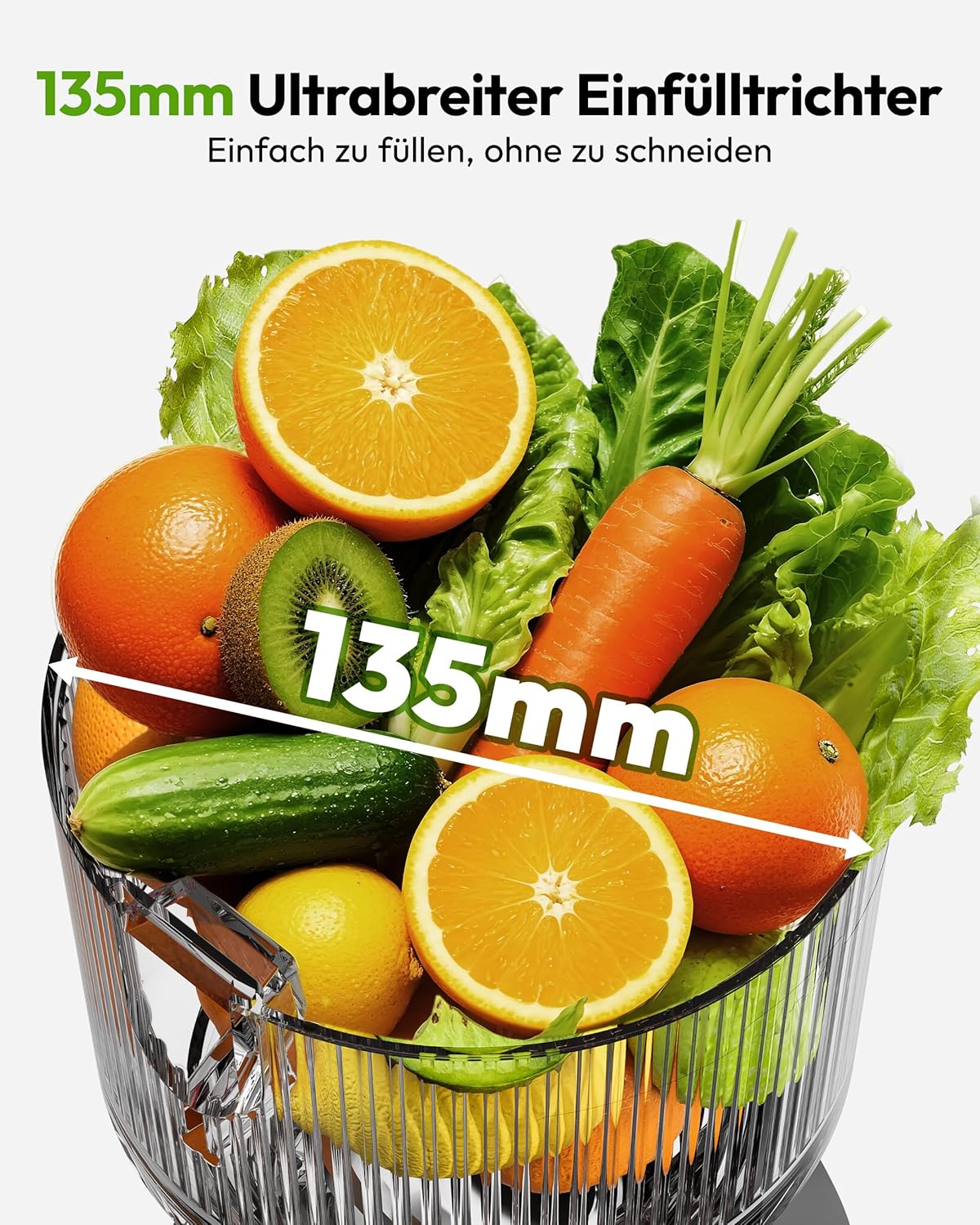 EUHOMY Entsafter, Slow Juicer, Entsafter Gemüse und Obst, Testsieger mit 135 mm Einfüllöffnung, 1,8 l Fassungsvermögen, 2 Tassen, elektrischer Entsafter, Schwarz Silber – Bild 3